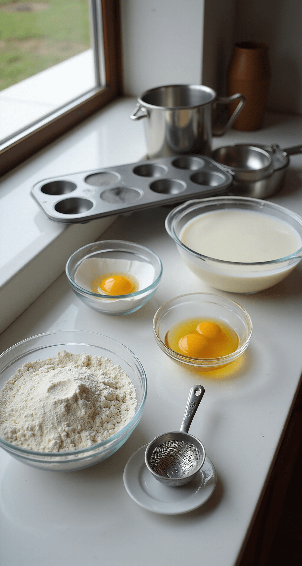 A modern kitchen countertop bathed in morning sunlight, featuring neatly arranged ingredients for Korean egg bread in glass bowls, including flour, sugar, eggs, and milk, alongside a shiny muffin tin and professional baking tools like measuring cups, a whisk, and a sifting tool.