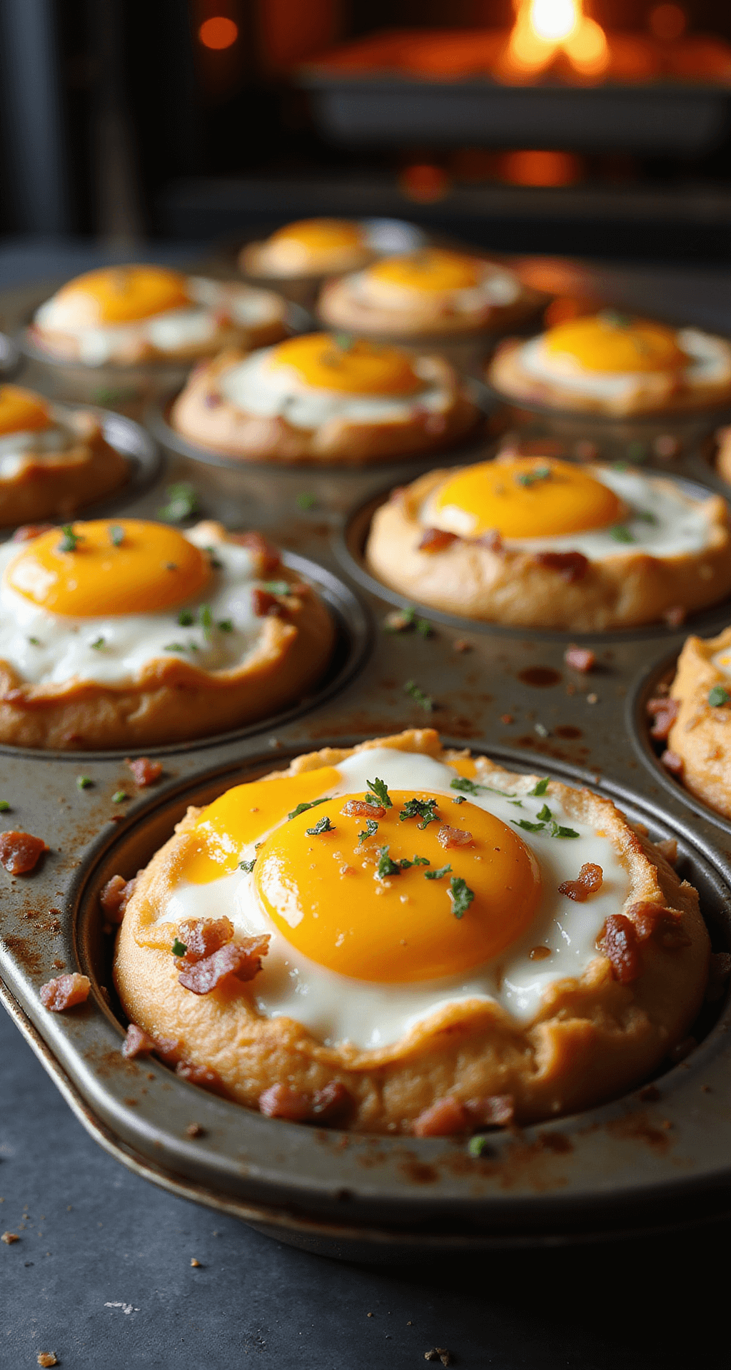 Close-up of freshly baked Korean egg breads in a muffin tin, topped with sunny-side-up eggs, golden-brown edges, melted cheese, garnished with chopped herbs and bacon bits, with steam rising and a warm amber glow from the oven light.