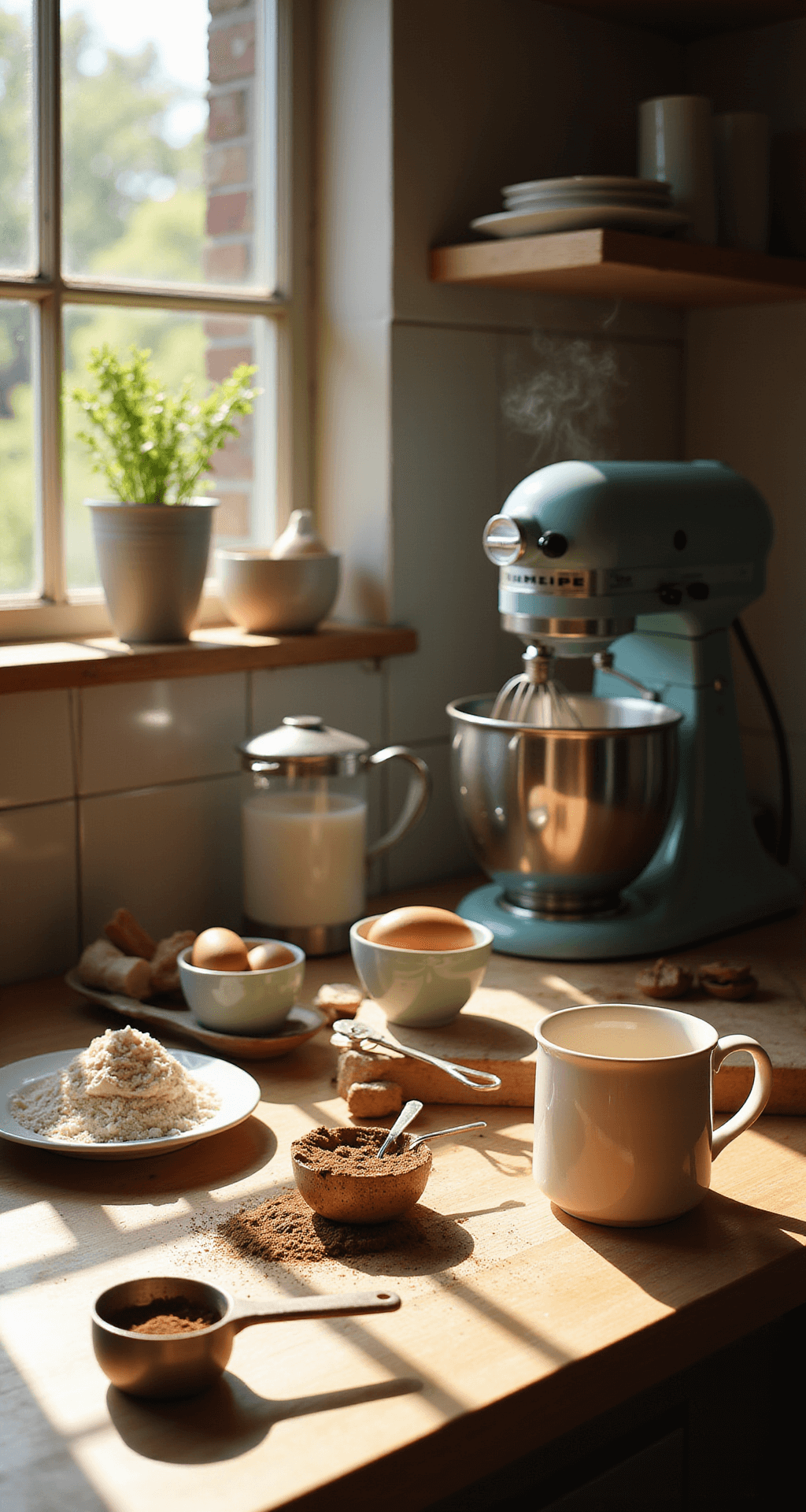 A rustic kitchen scene with baking ingredients like flour, cocoa powder, and eggs on a sunlit countertop, alongside a stand mixer and steaming coffee.