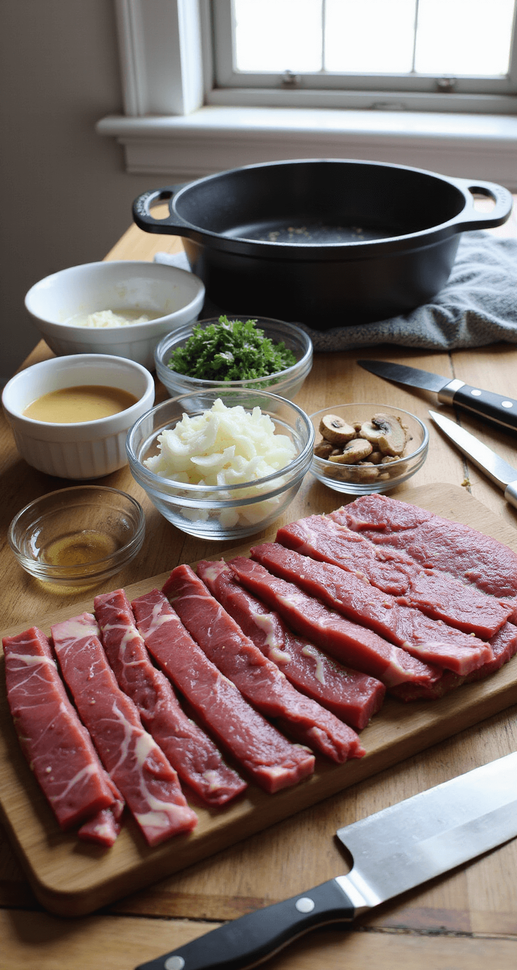 Professional kitchen setup with ingredients for beef stroganoff: thinly sliced sirloin, onions, mushrooms, sauce ingredients, fresh herbs, and a chef's knife on a towel, under natural light.