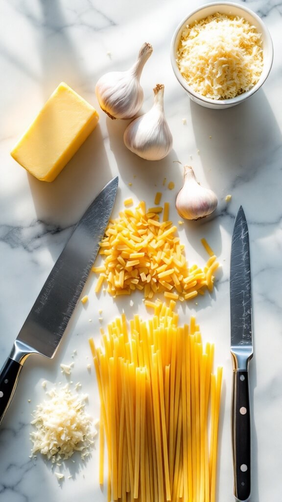 Overhead view of a kitchen counter with organized ingredients: a block of butter, garlic bulbs, grated Parmesan, and dried pasta on marble, with a chef's knife beside minced garlic, all lit by natural window light.