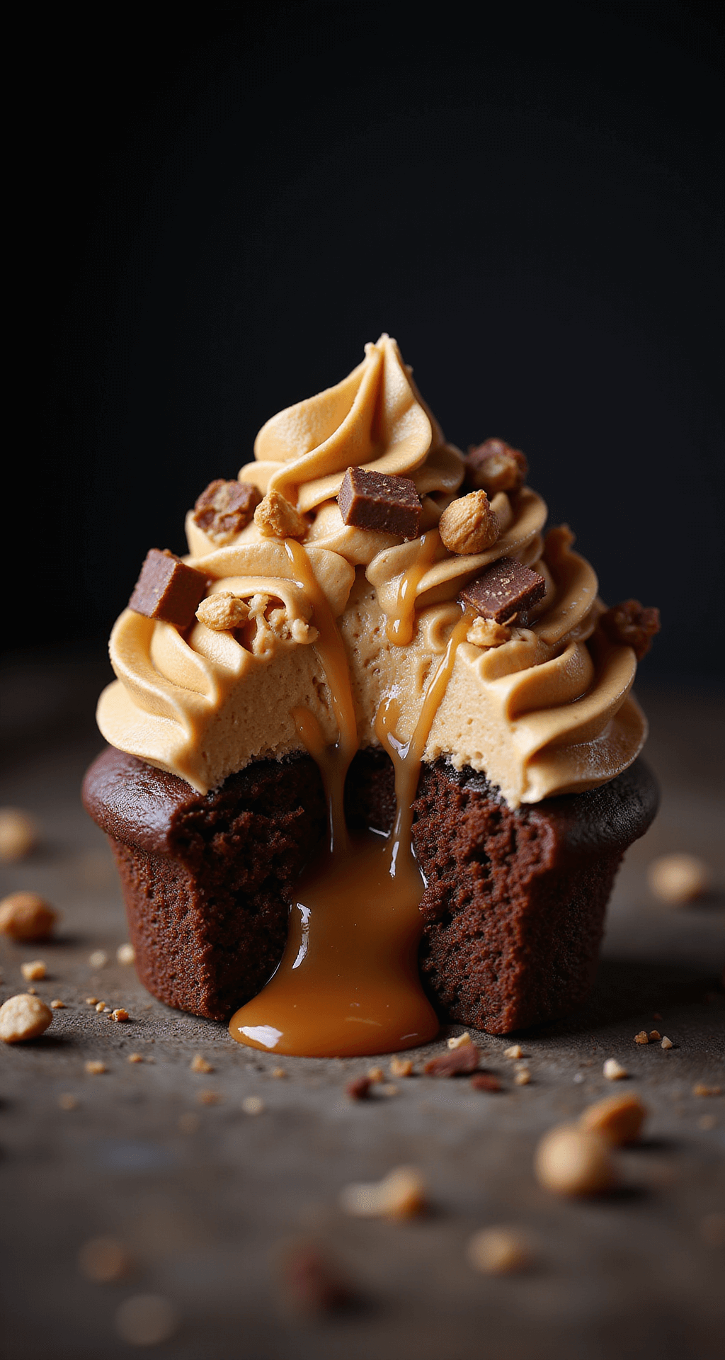 Extreme close-up of a Snickers cupcake with peanut butter frosting, caramel drizzle, Snickers chunks, and peanuts, set against a dark background. The cut-away view shows caramel flowing from the chocolate cake center.