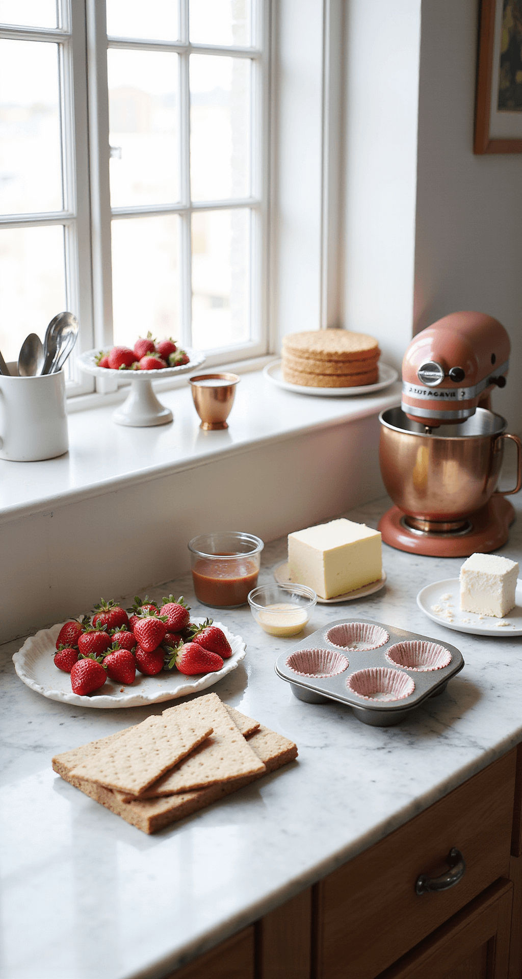 Professional kitchen scene with natural light, featuring vibrant strawberries, cream cheese, graham crackers, measuring tools, a copper stand mixer, vintage cupcake liners, and a muffin tin on a marble countertop.