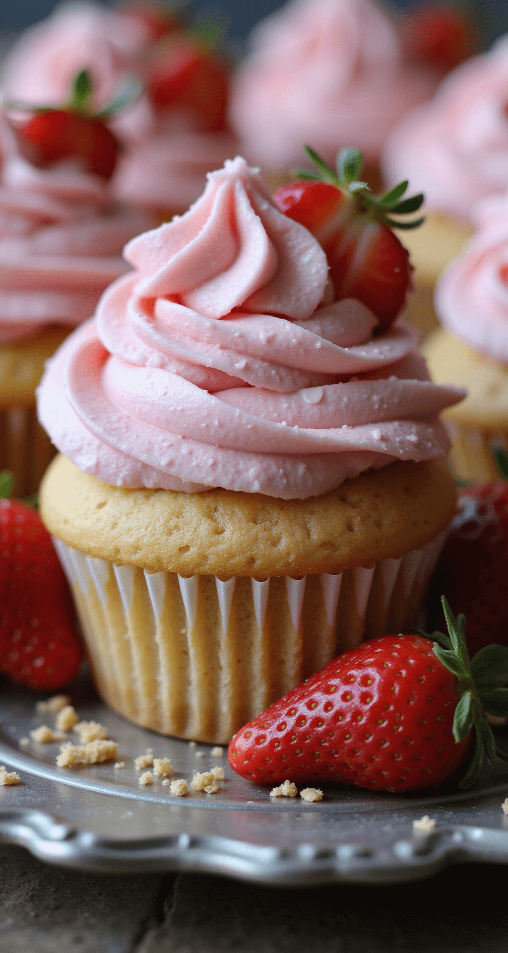Close-up of a strawberry cheesecake cupcake with swirled pink frosting on an antique silver dessert plate, surrounded by fresh strawberry slices and graham cracker crumbs, with a blurred background of additional cupcakes.