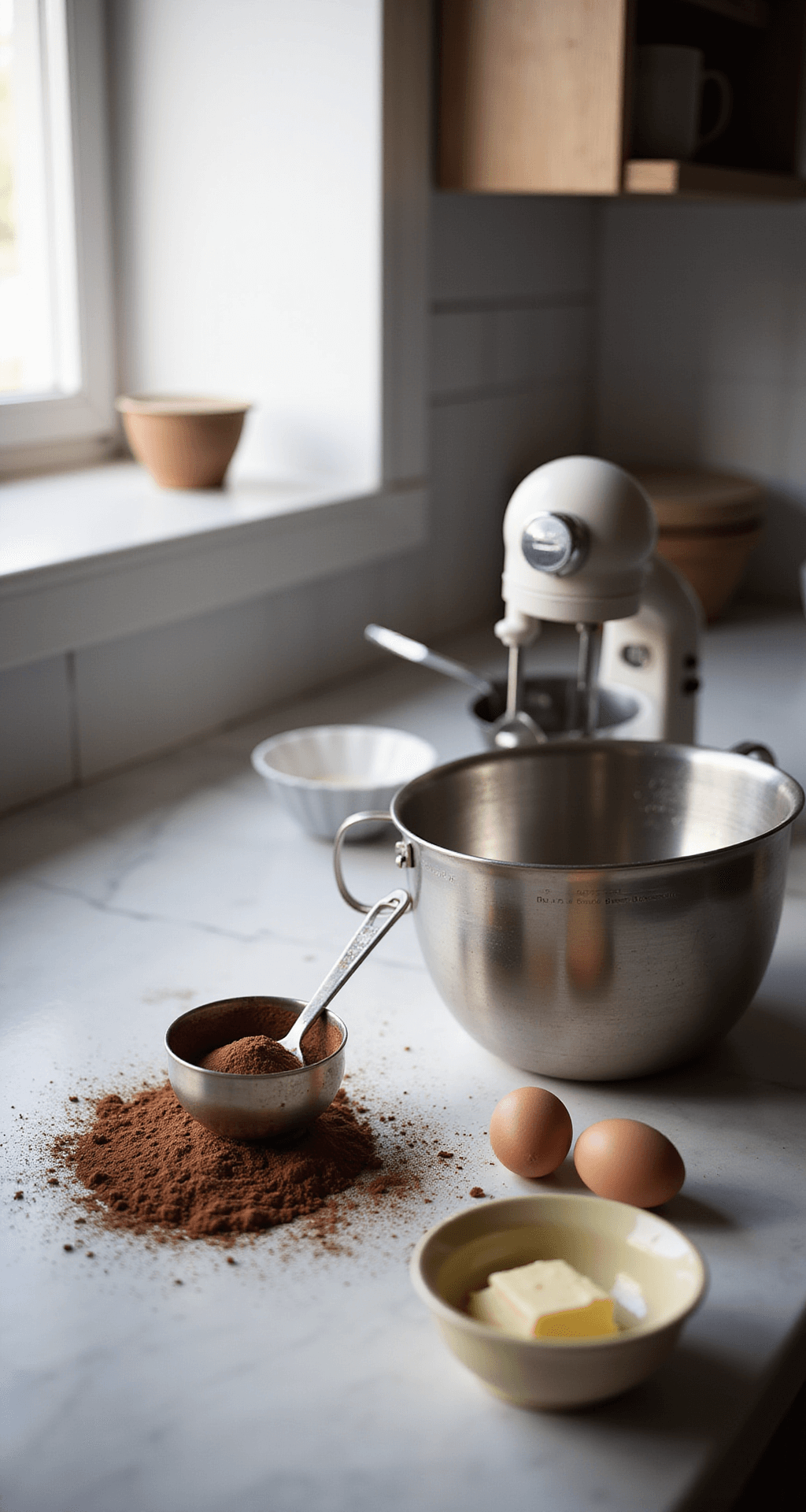 A well-organized professional kitchen with ingredients for chocolate cupcakes on a marble countertop, featuring sifted cocoa powder, a vintage electric mixer, eggs, butter, measuring cups, mixing bowls, and a lined muffin tin, all illuminated by soft natural light.