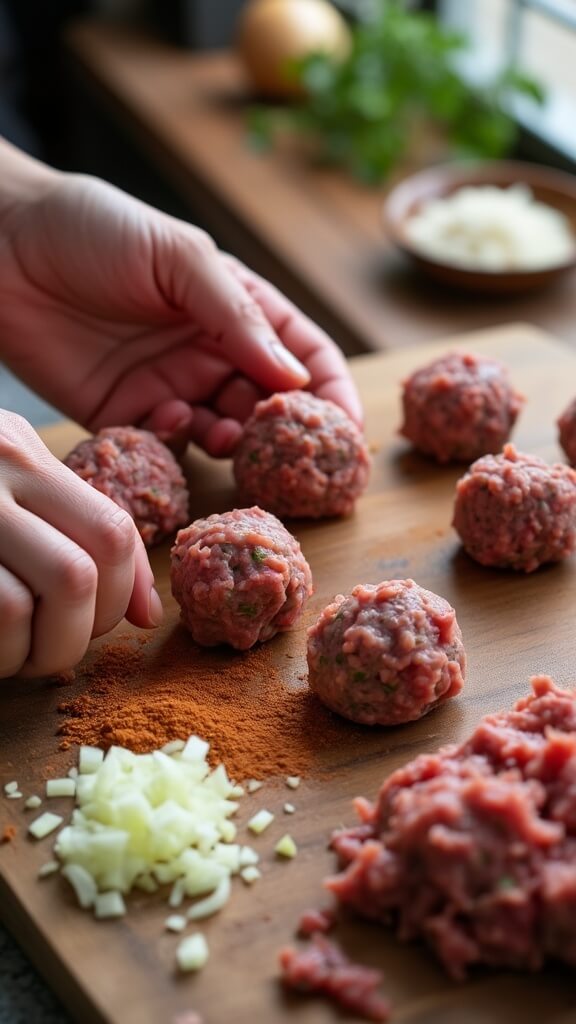 Hands shaping Swedish meatballs on a wooden board with raw meat, onions, and spices nearby, illuminated by natural window light.