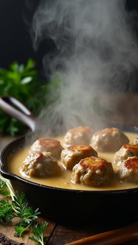 Atmospheric image of Swedish meatballs in creamy sauce bubbling in a skillet, with steam and warm lighting.