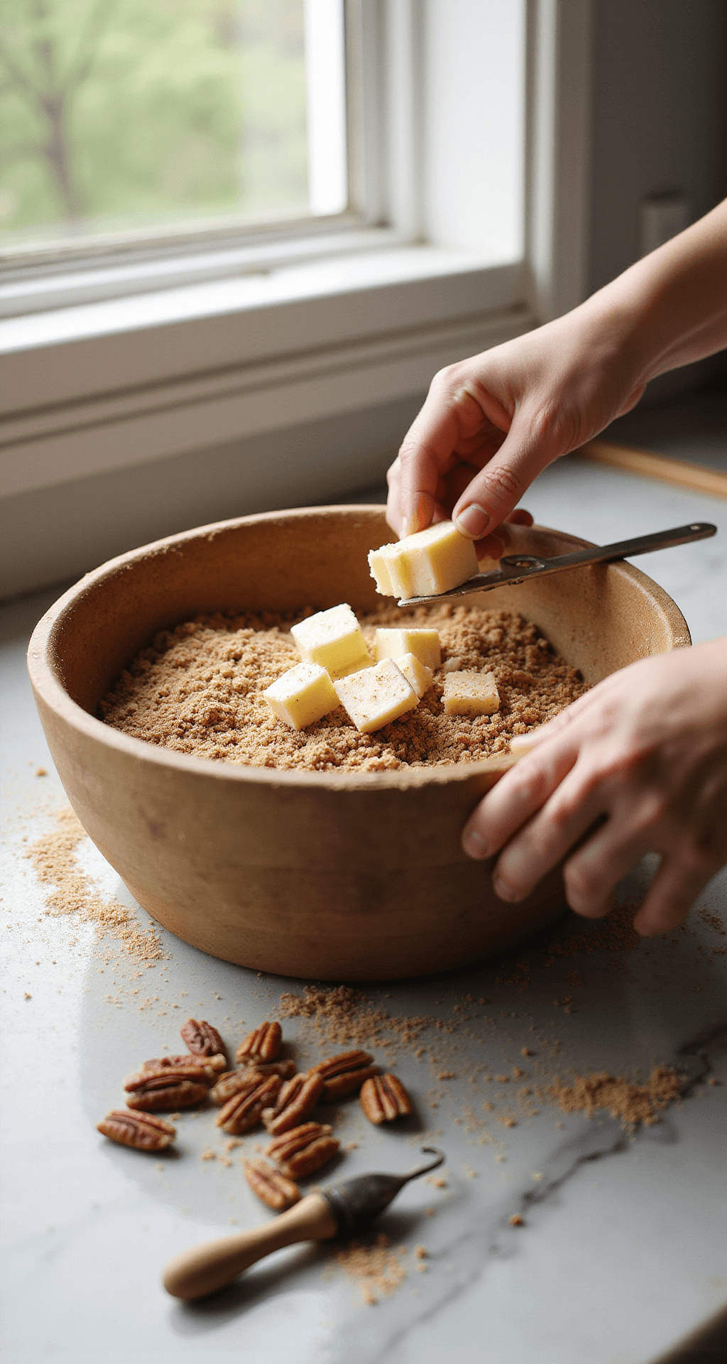 Close-up of hands cutting cold butter into a rustic bowl of cinnamon-brown sugar and flour, with morning sunlight highlighting sugar crystals, a handful of pecans, and a vintage pastry cutter on a flour-dusted marble countertop.