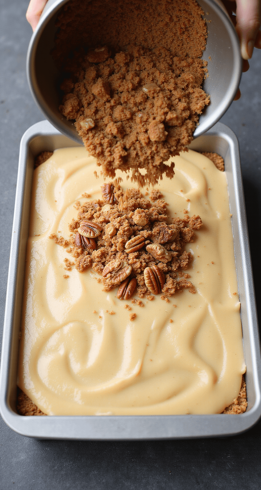 Overhead view of a glossy 9x13 baking pan with smooth vanilla cake batter and crumbly brown sugar streusel topped with pecans, showcasing their textural contrast in professional kitchen lighting.