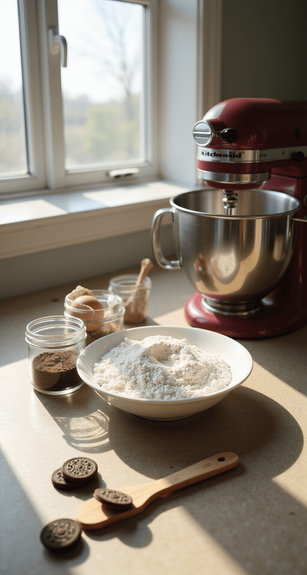 A sunlit kitchen countertop featuring neatly arranged baking ingredients including flour, cocoa powder in jars, fresh eggs, and scattered Oreo cookies, with a KitchenAid mixer softly blurred in the background.