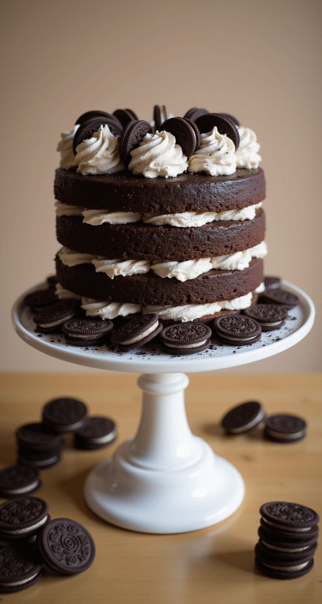 A three-layer chocolate cake on a white ceramic stand, decorated with white Oreo buttercream, crushed Oreos cascading down the sides, and whole Oreos on top, in warm studio lighting.