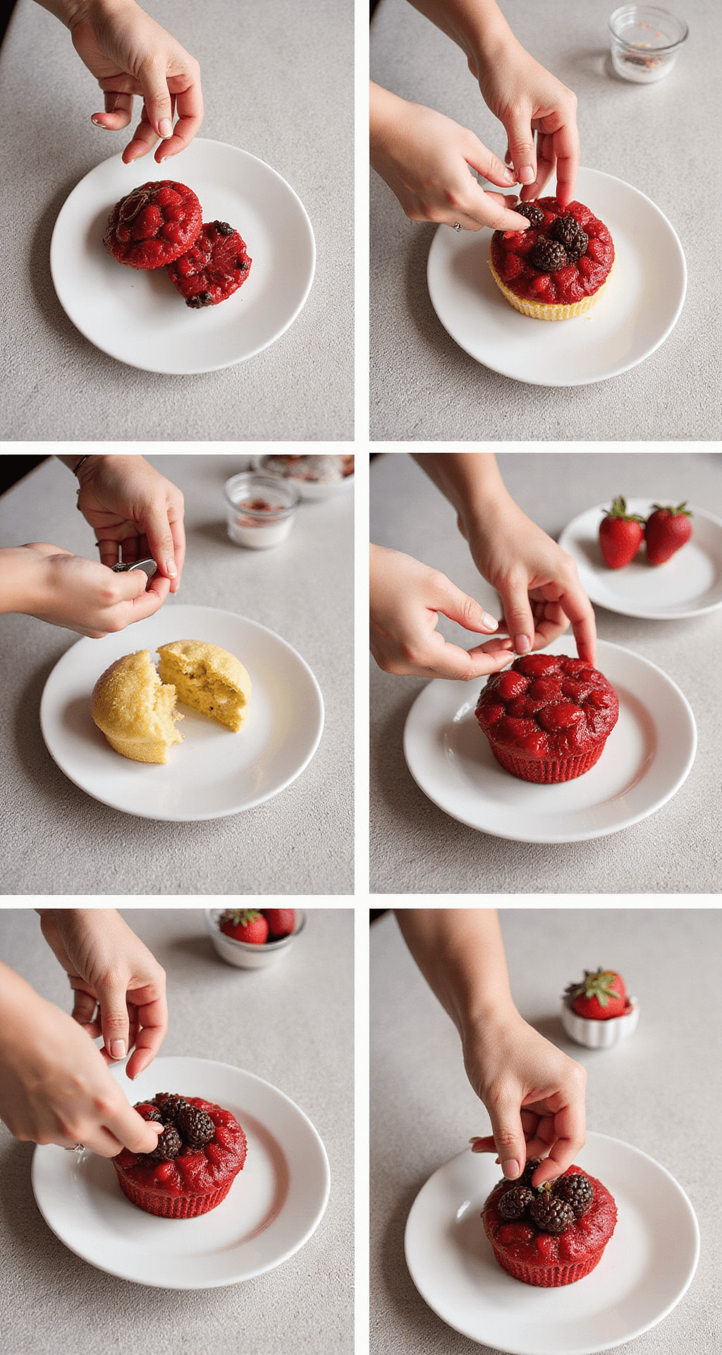 A close-up of a kitchen countertop with ingredients and tools arranged for preparing berry cupcakes, including flour, sugar, fresh berries, and baking utensils.