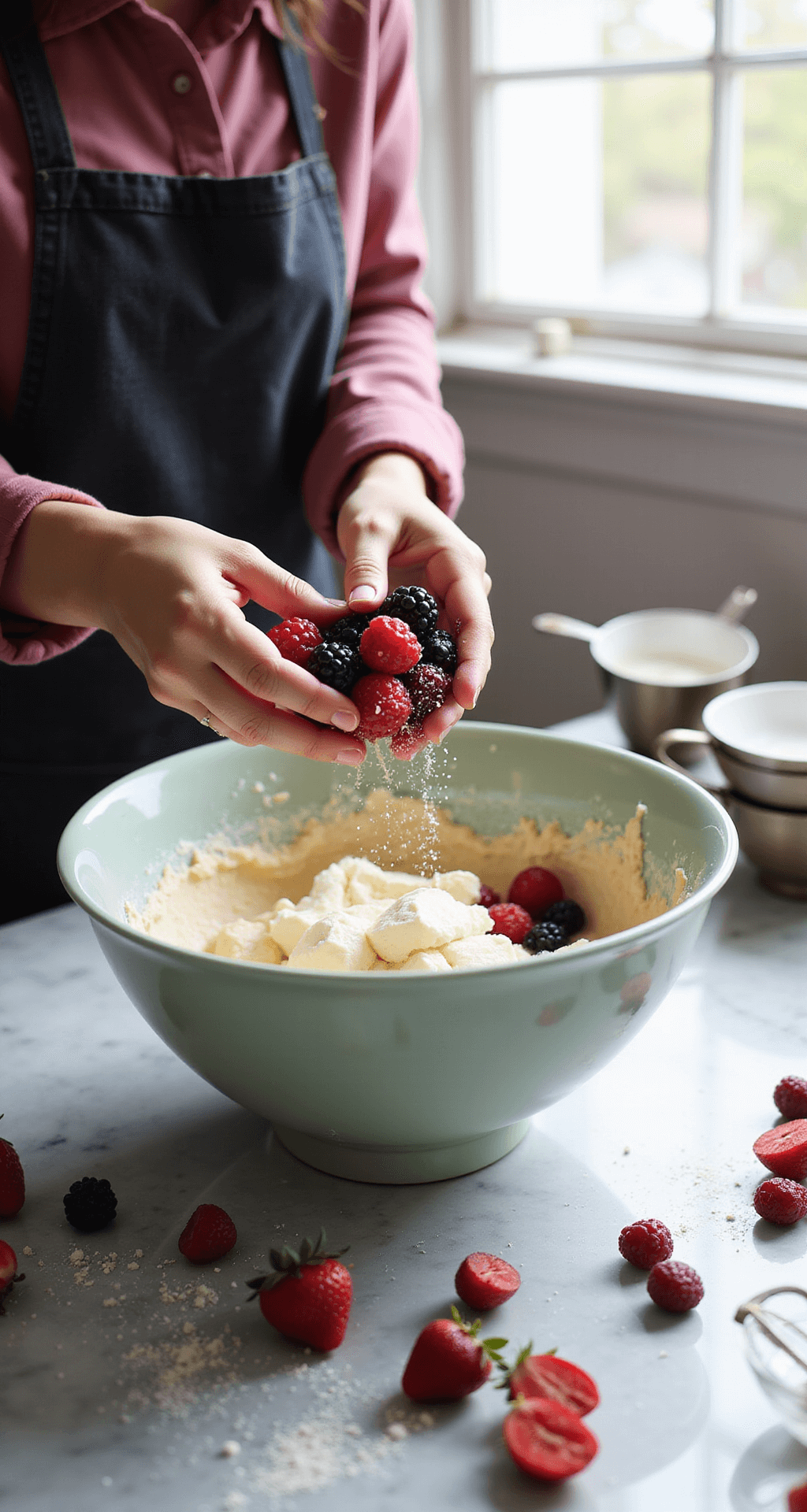 A close-up of hands folding fresh mixed berries into creamy cupcake batter on a marble countertop, with measuring cups and scattered ingredients illuminated by natural light.