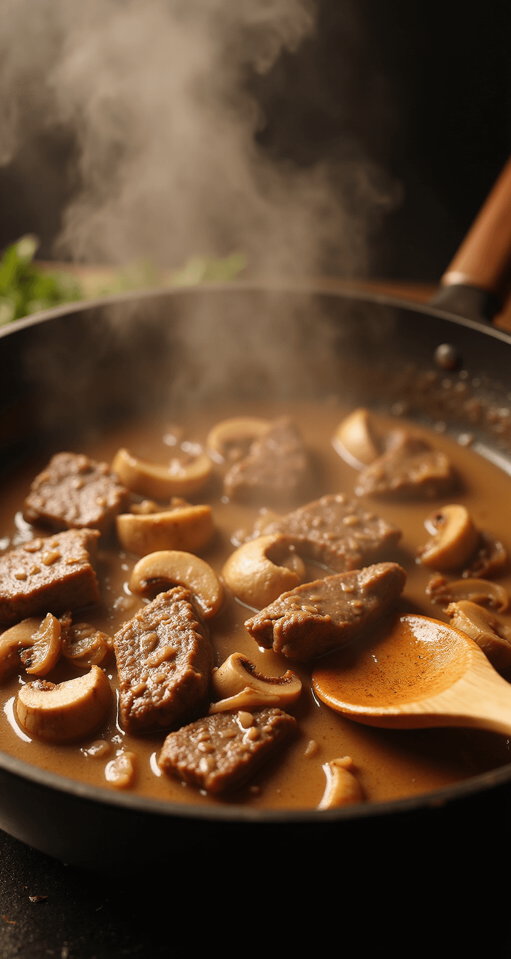 Dynamic scene of beef stroganoff cooking in a cast iron skillet with golden-brown beef, mushrooms, and onions; steam rises dramatically under warm lighting.