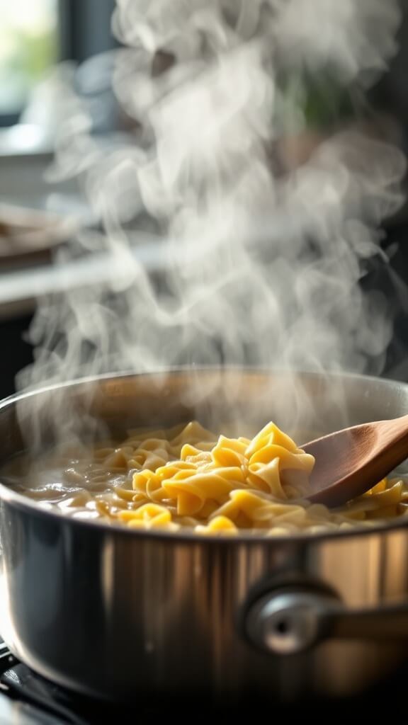 Steam rises from a large stainless steel pot of boiling water with submerged pasta, reflections gleam in natural light, and a wooden spoon rests on the pot's edge under soft kitchen lighting.
