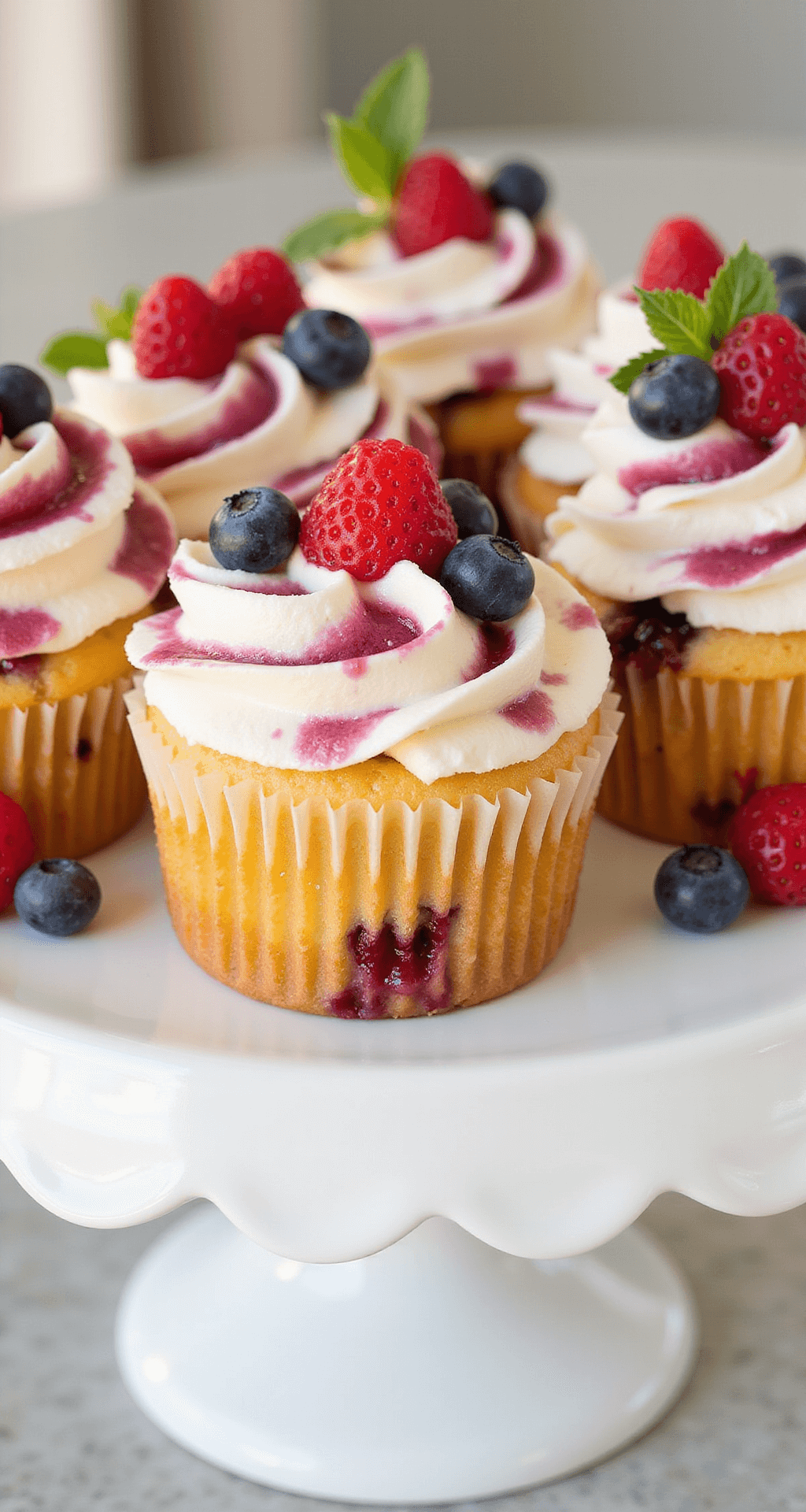 A collection of berry cupcakes on a white ceramic cake stand, featuring cream cheese frosting, garnished with fresh berries and mint leaves, illuminated by soft afternoon light.
