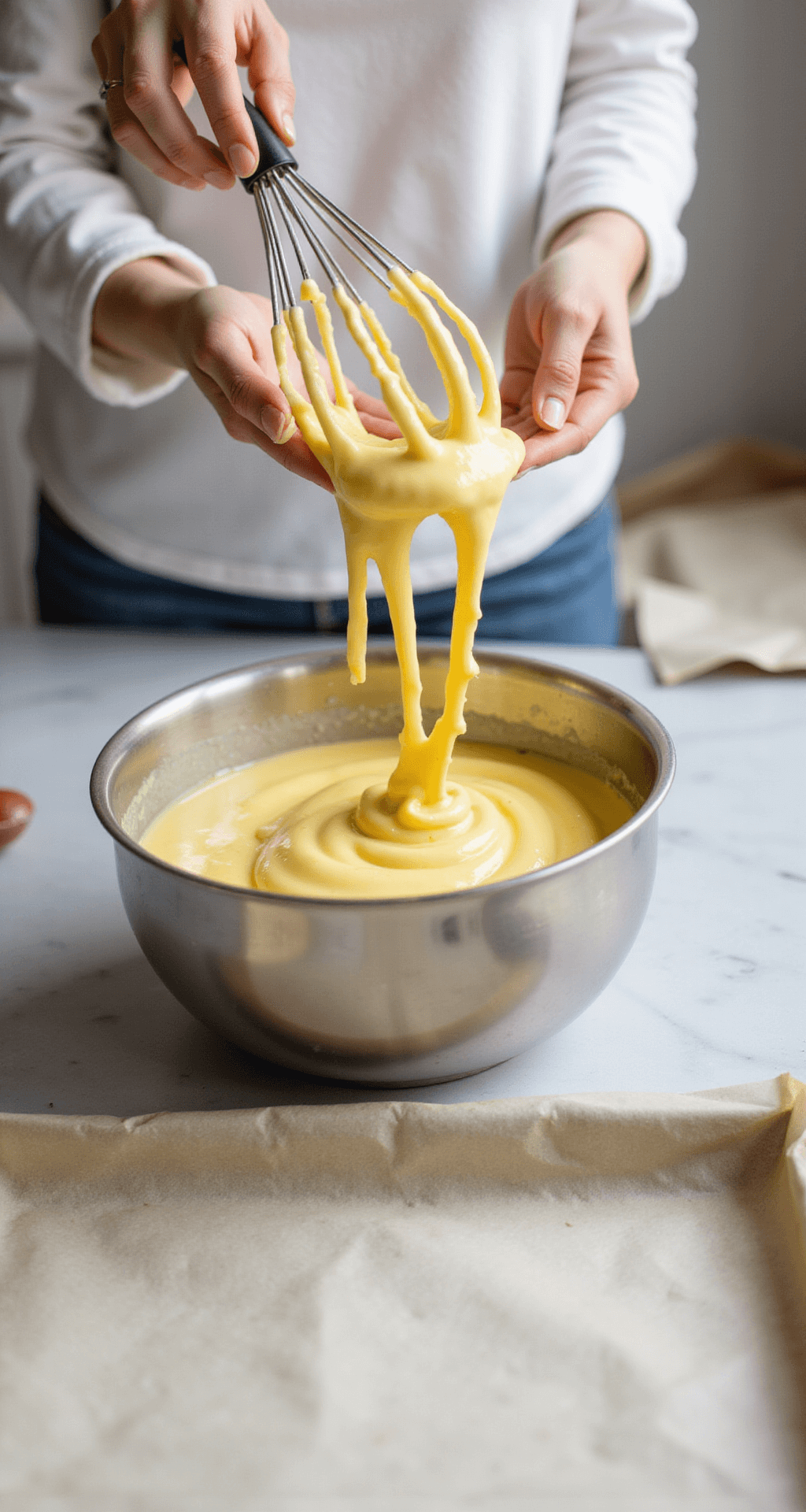 Close-up of hands whipping eggs in a metal bowl, showcasing ribbon-like texture; soft natural light highlights glossy yellow mixture against marble countertop with baking ingredients and a jelly roll pan in the background.