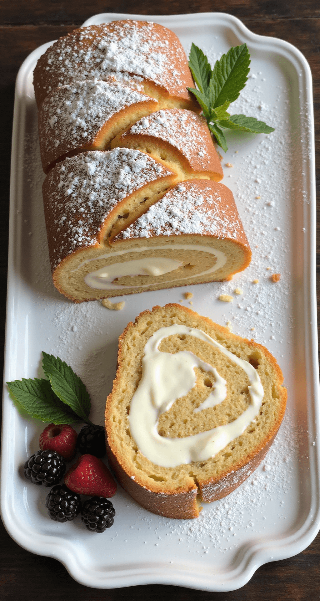 Overhead view of a spiraled vanilla cake roll on a white platter, dusted with powdered sugar, showcasing a creamy filling and adorned with fresh berries and mint leaves.
