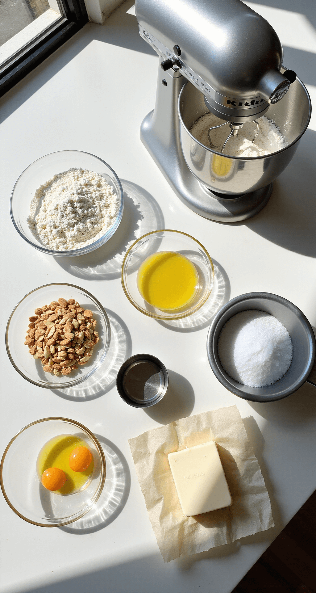A sunlit modern kitchen counter with keto baking ingredients and tools neatly arranged.