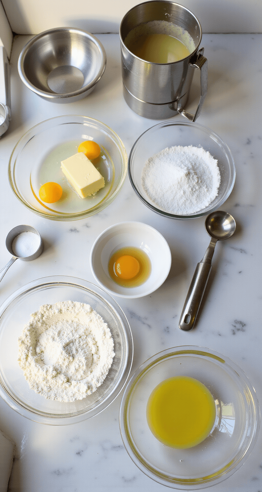 Sunlit kitchen countertop with neatly arranged baking ingredients in glass bowls, including flour, sugar, eggs, and softened butter. Professional measuring tools and mixing bowls are aligned, bathed in natural light that highlights stainless steel utensils against a marble backdrop.