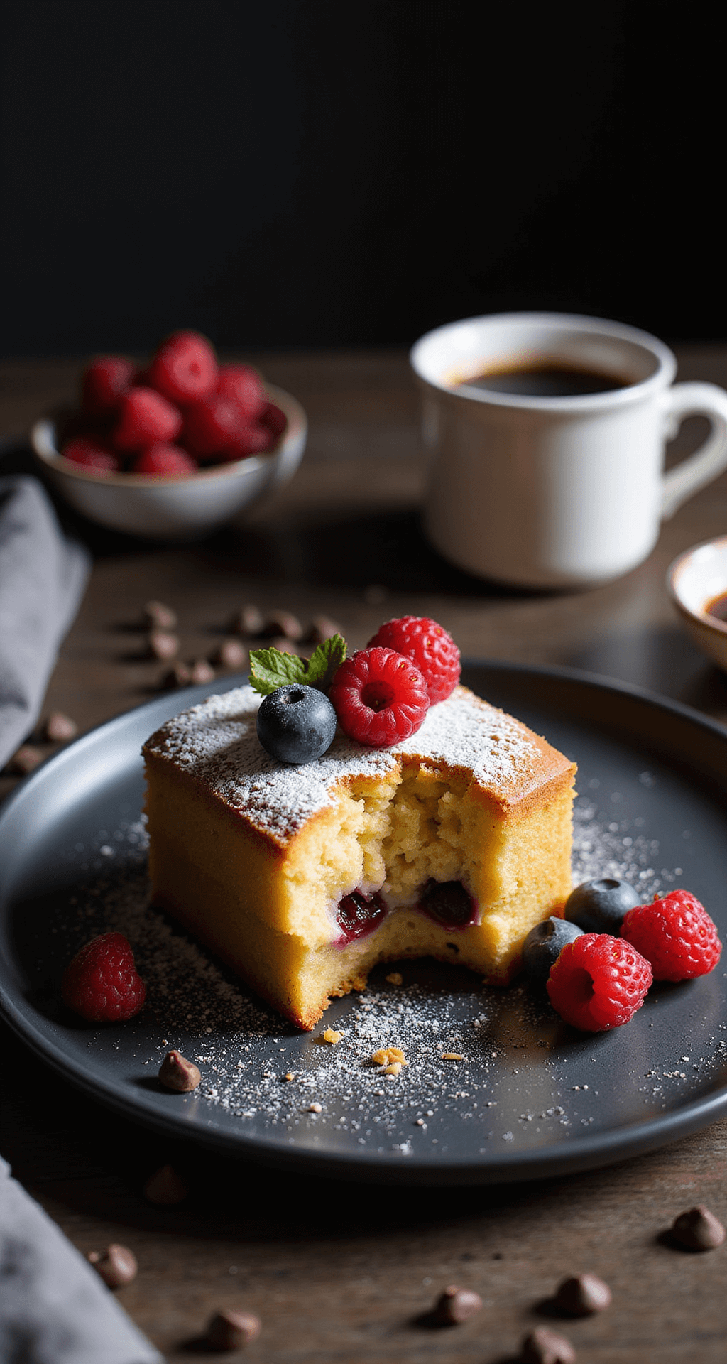 Keto dessert square with golden-brown top and moist interior on a black plate, garnished with fresh berries and powdered erythritol, accompanied by a cup of coffee and sugar-free chocolate chips.