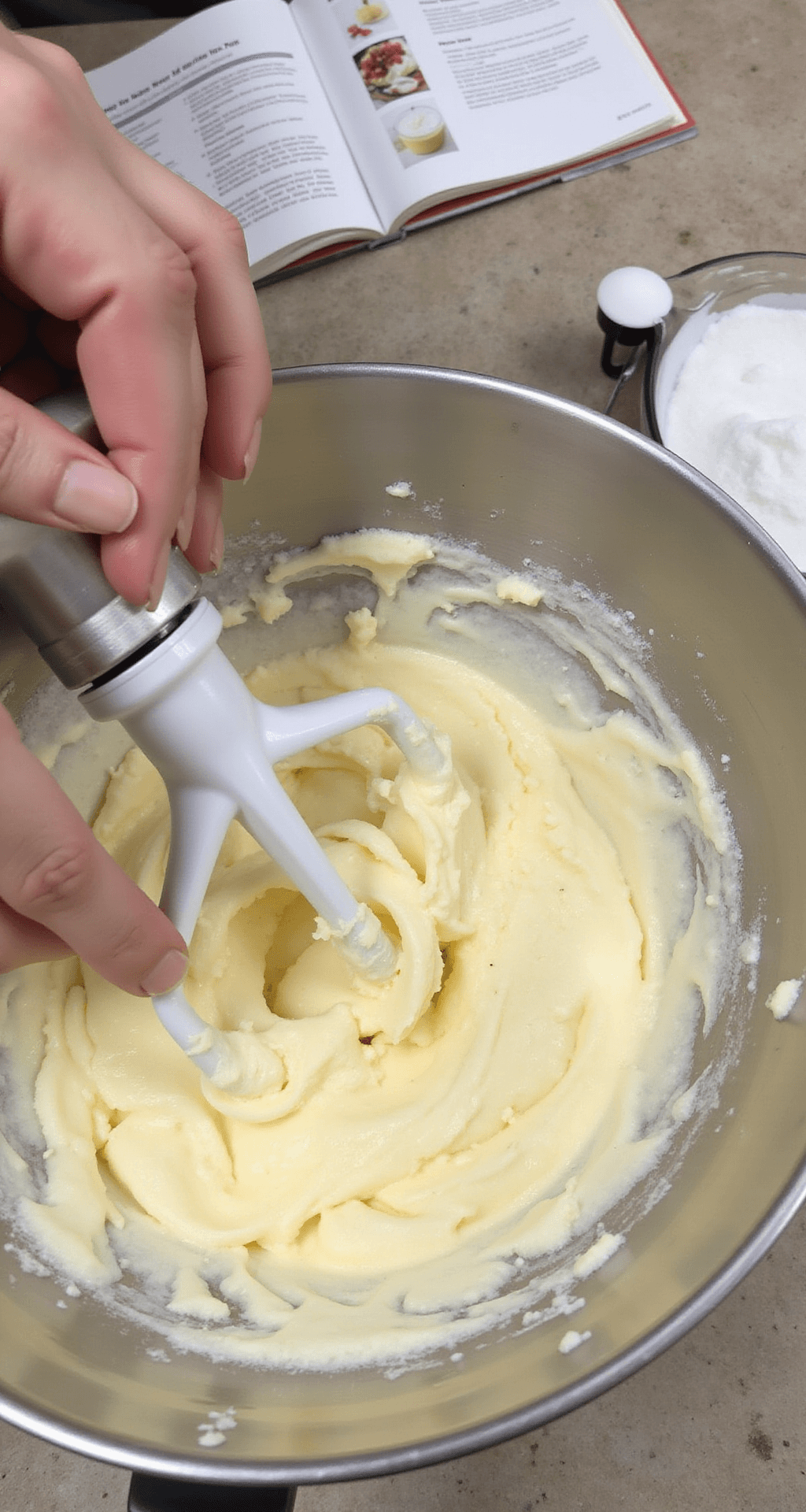 Close-up of hands mixing butter and sugar in a stand mixer, showcasing a light, fluffy texture with ribbons forming in the bowl, softly lit with a recipe book and measured ingredients in the background.