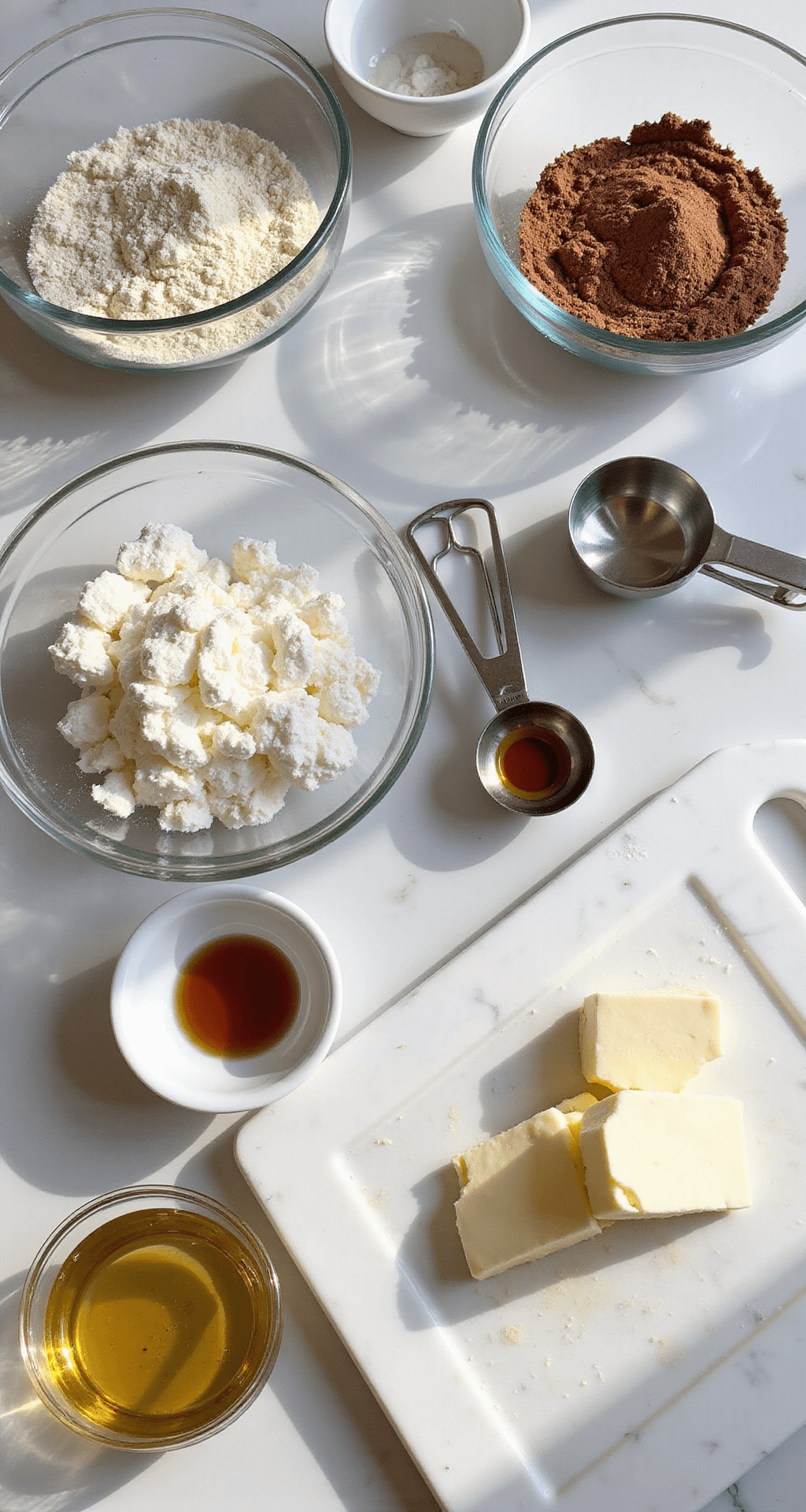 A sunlit kitchen counter arranged with keto baking ingredients: almond flour, cocoa powder, sweetener in glass bowls, softened cream cheese and butter on a marble board, farm-fresh eggs, vanilla extract, measuring cups, and a hand mixer, all illuminated by warm natural light.