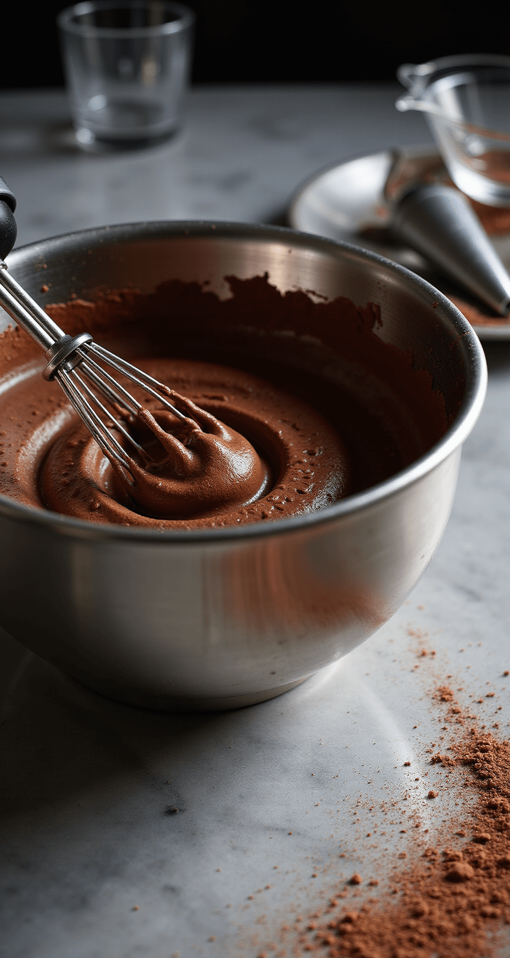 Close-up of a stainless steel mixing bowl with luxurious keto chocolate mousse, whisk attachment creating peaks, scattered cocoa powder and sweetener on a marble counter, with piping bag and elegant glass dishes in a moody, dramatic light.