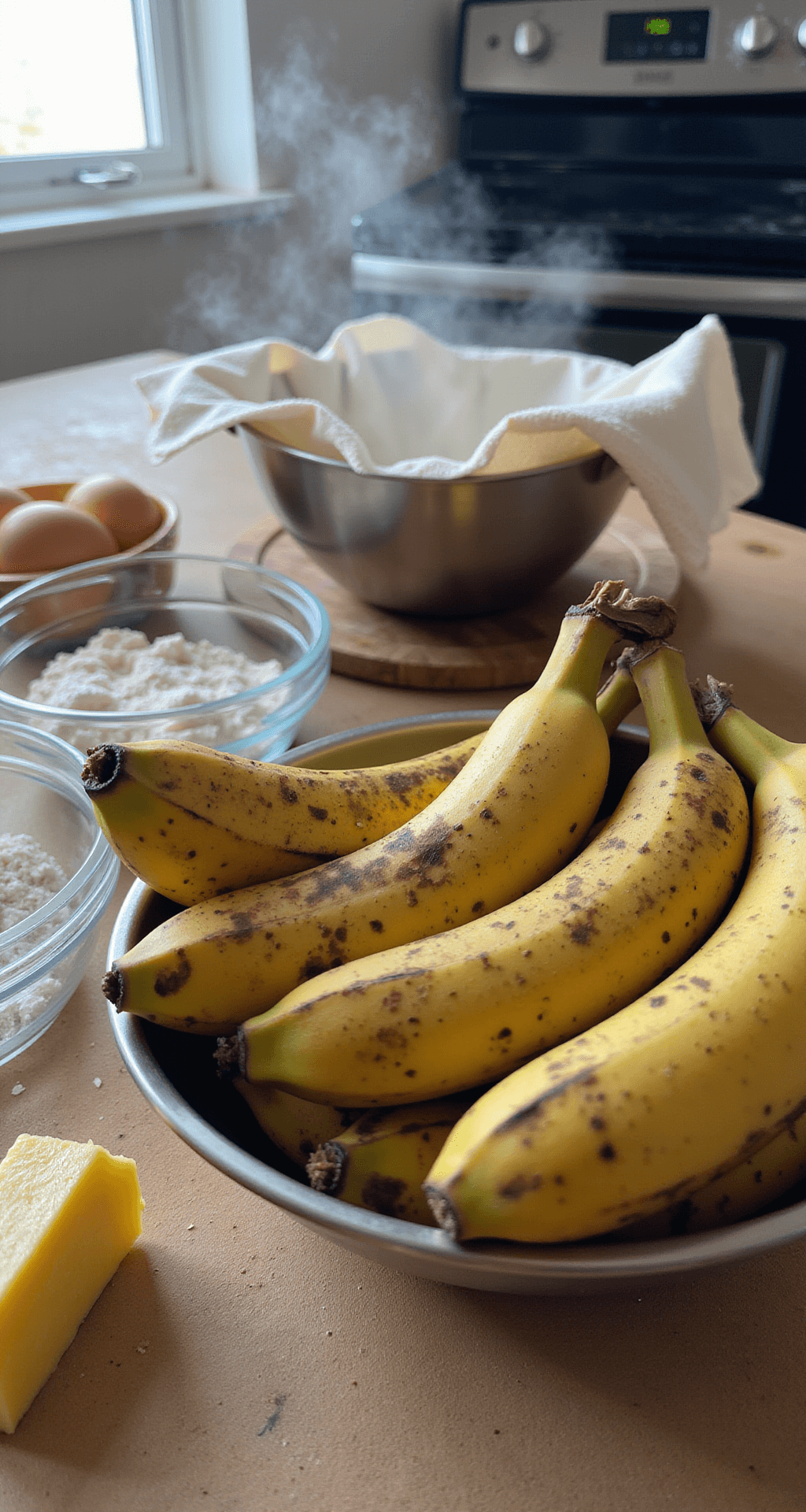 A sunlit kitchen counter showcases steel mixing bowls filled with overripe bananas, surrounded by farm-fresh eggs, measured flour in clear glass bowls, and golden butter, with natural light illuminating steam from a preheated oven.