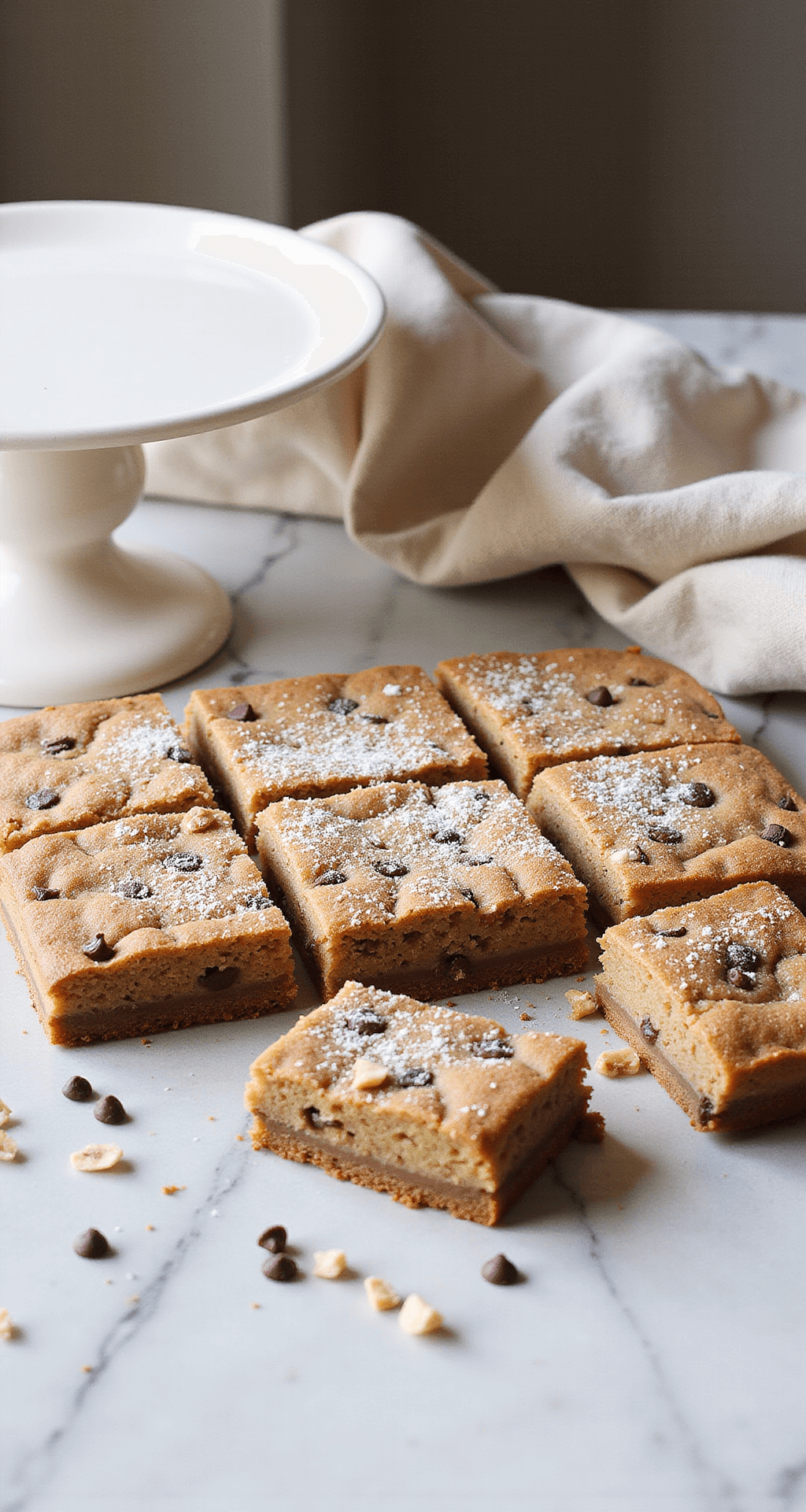 Freshly baked golden-brown banana bars with a crackled top, dusted with powdered sugar and garnished with chocolate chips and toasted nuts, displayed on a marble countertop with a vintage cake stand and a rustic linen napkin.