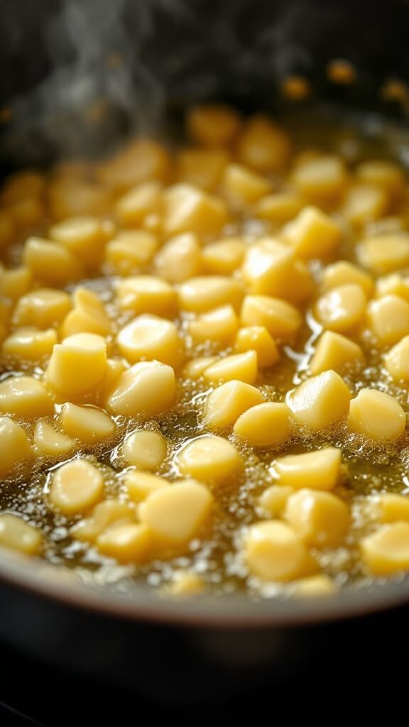 Close-up of melting butter and translucent sautéing garlic in a heavy-bottom pot, with golden bubbles and warm lighting highlighting steam.