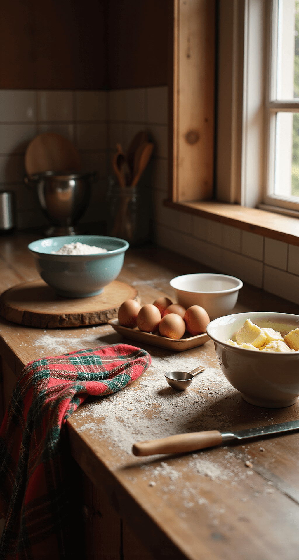 A warm, inviting kitchen scene with a rustic wooden countertop showcasing organized baking essentials, including vintage mixing bowls and fresh ingredients like eggs, flour, and room-temperature butter, adorned with a plaid kitchen towel and a dusting of flour.