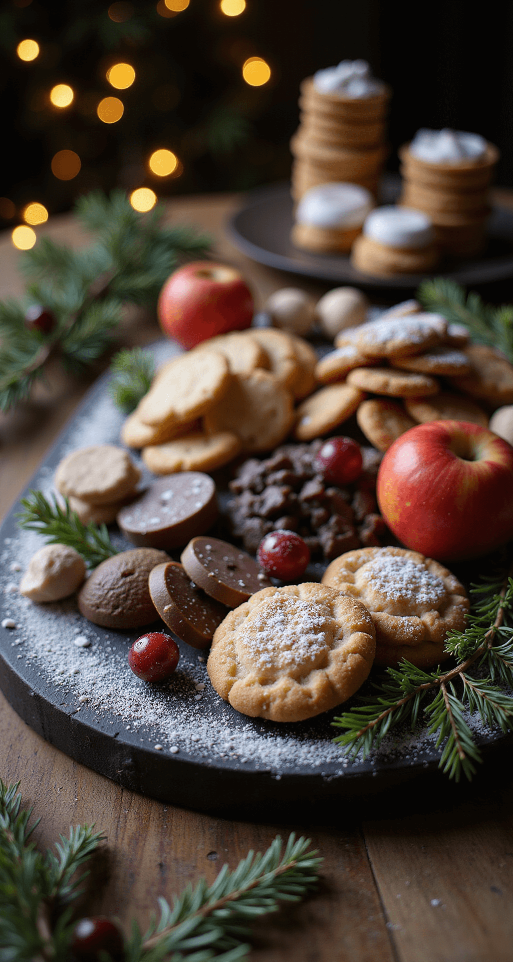 An elegant Christmas dessert grazing board featuring an array of holiday treats, garnished with pine sprigs and cranberries, set on a dark wooden surface with twinkling fairy lights in the background and a dusting of powdered sugar.