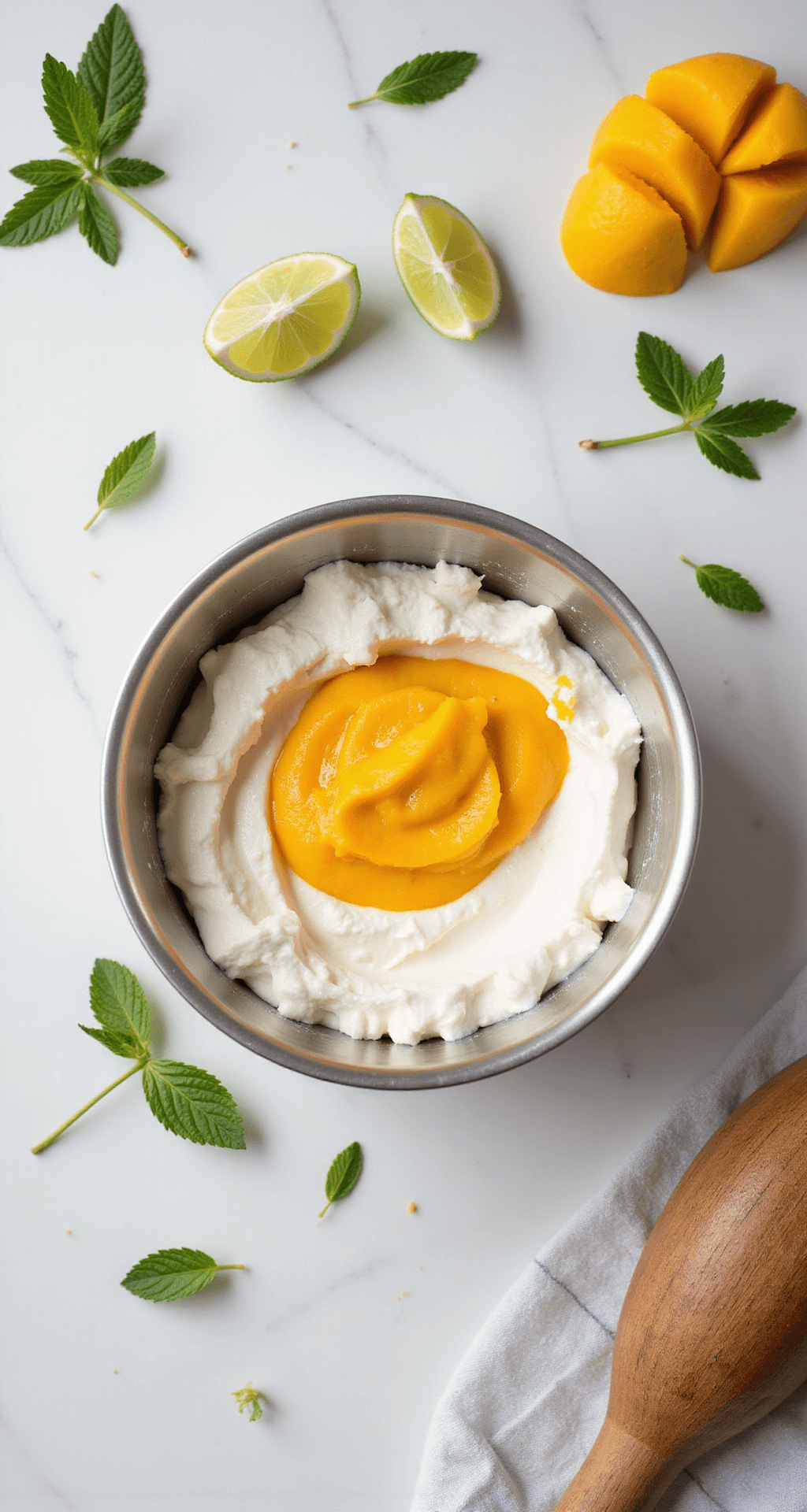 A sunlit kitchen with a marble countertop shows mango puree being folded into whipped cream, accented by mint leaves and lime wedges.