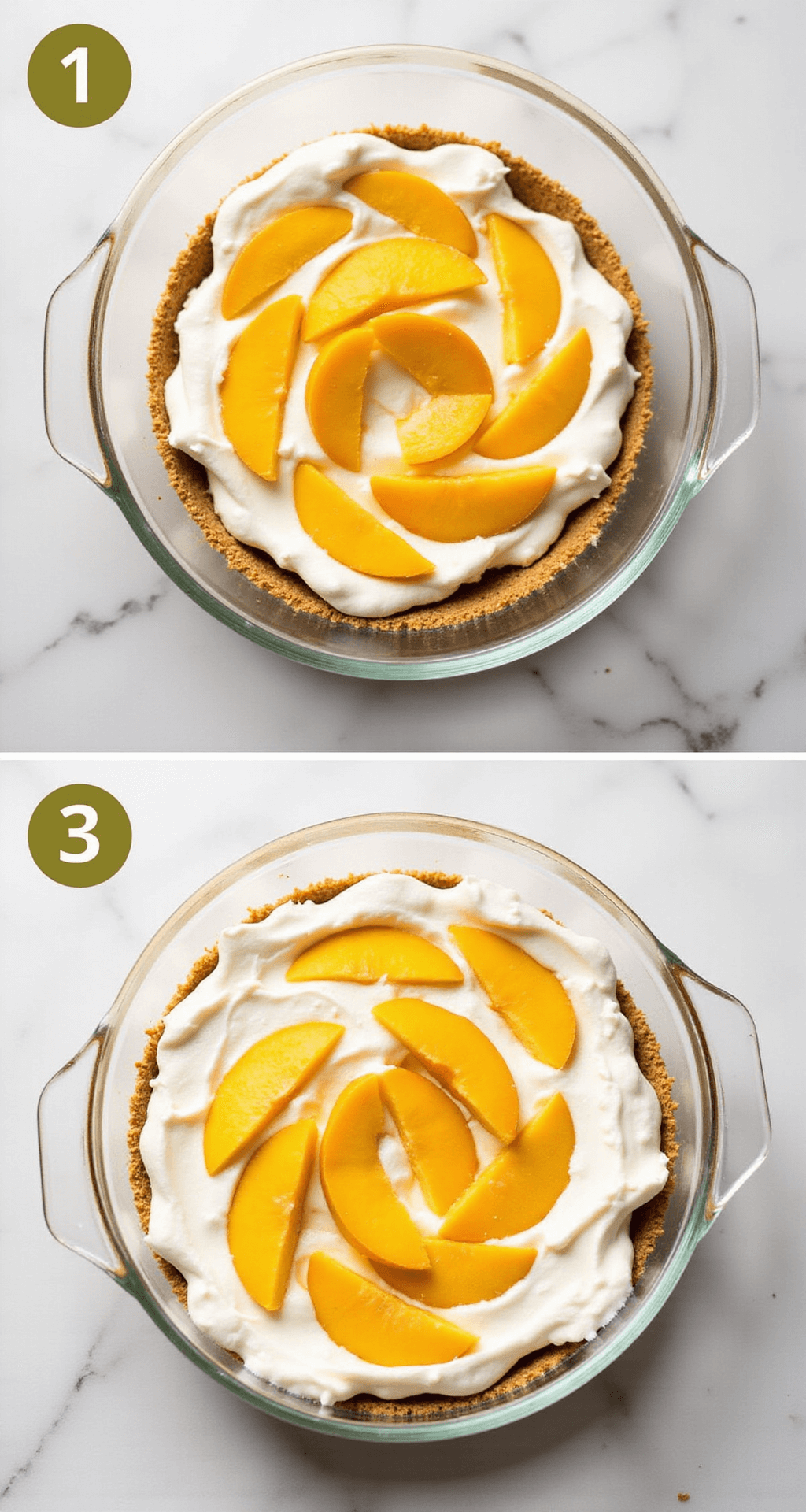 Overhead view of Mango Royale dessert with layered mango slices, cream, and graham cracker crust in a glass dish.