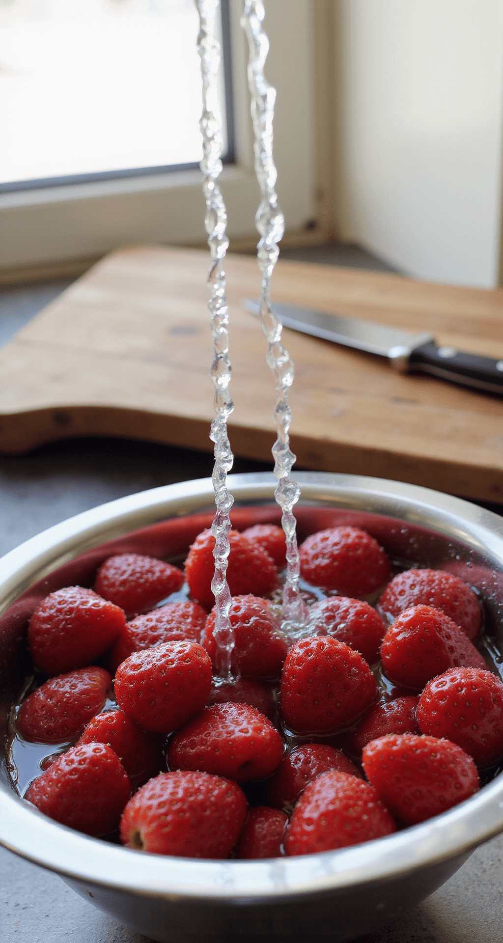Close-up of ripe red strawberries being washed in a colander, with sunlight shining through a kitchen window, glistening water droplets on the fruit, a wooden cutting board, and a paring knife in the background.