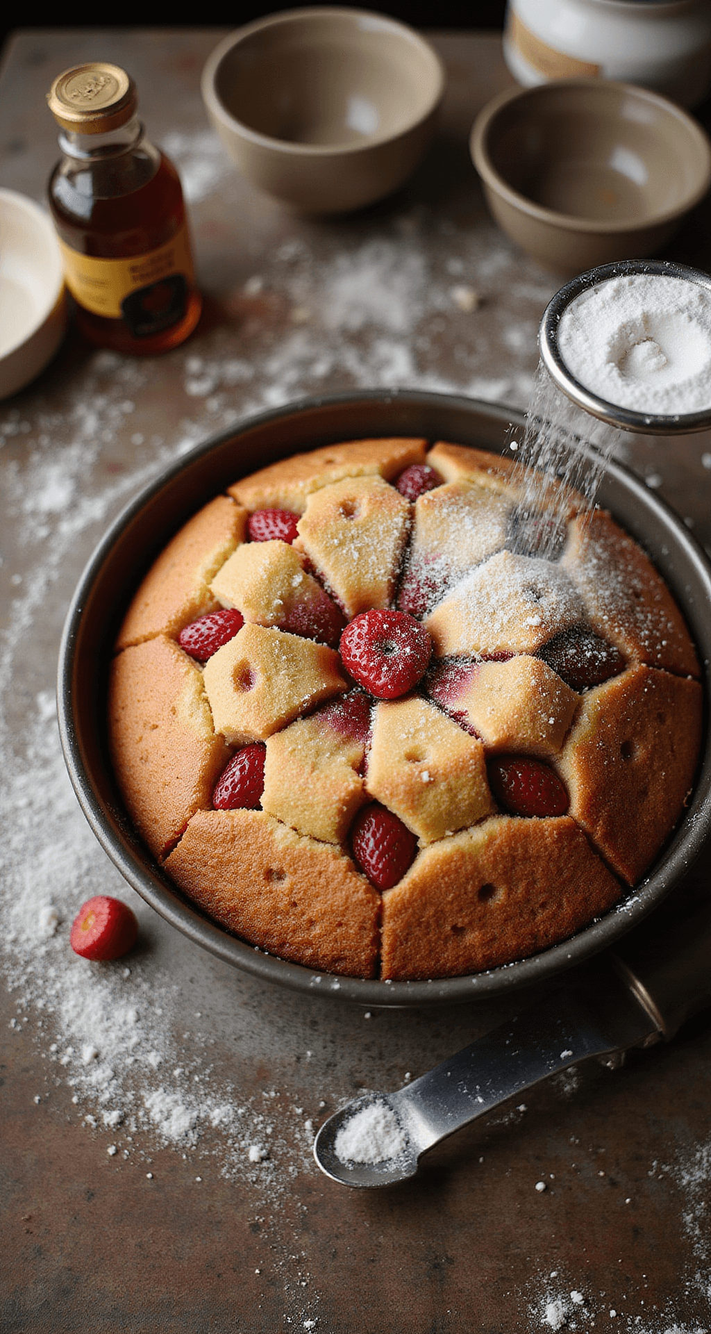 Overhead view of a rustic kitchen with a freshly baked golden-brown strawberry cake in a 9-inch pan, steam rising, strawberry pieces on top, and powdered sugar being sifted; vintage mixing bowls, a vanilla extract bottle, and scattered flour enhance the warm, authentic baking scene.