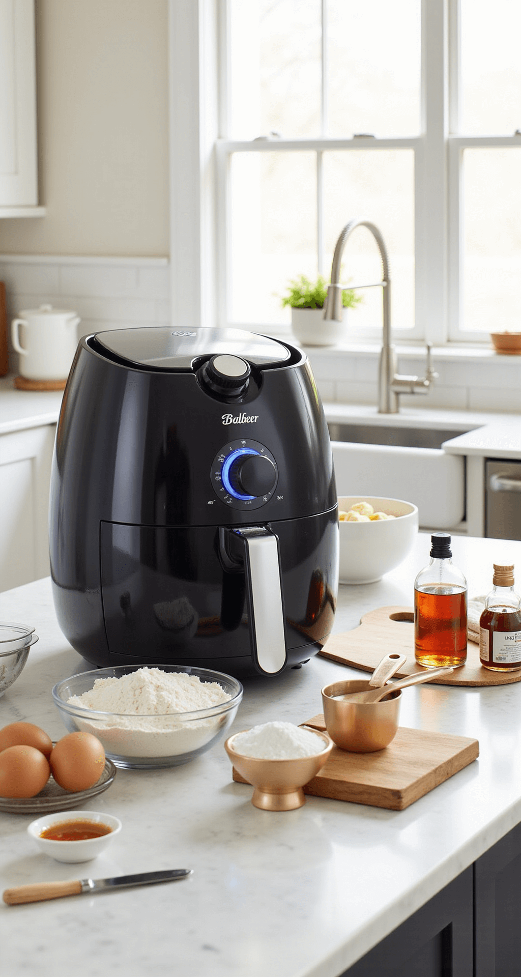 A modern kitchen with a marble countertop displaying organized baking ingredients like flour, eggs, sugar, and vanilla extract, alongside measuring cups and bowls. Sunlight filters through a window, highlighting a sleek air fryer with a soft blue LED glow.