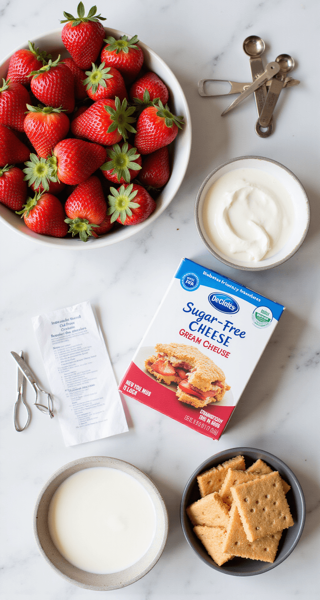A professional food photography scene featuring ingredients for a sugar-free strawberry cheesecake arranged on a marble countertop, with fresh strawberries, cream cheese, sugar-free graham crackers, measuring tools, a recipe card, and diabetes-friendly labels, all under soft, natural lighting.