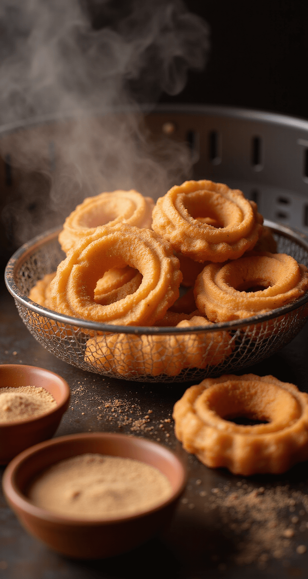 Close-up of golden-brown churros cooking in an air fryer, with steam rising and a bowl of cinnamon sugar nearby.