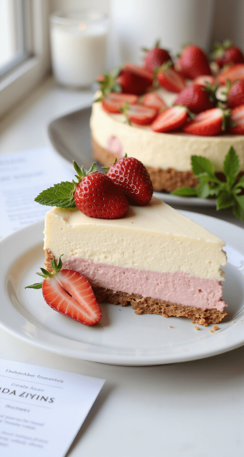 A slice of no-bake strawberry cheesecake on a white porcelain plate, topped with fresh strawberry slices and mint leaves. The visible layers include a golden graham cracker crust and pale pink filling. Soft window light highlights the cheesecake, with a diabetes-friendly recipe card next to it.