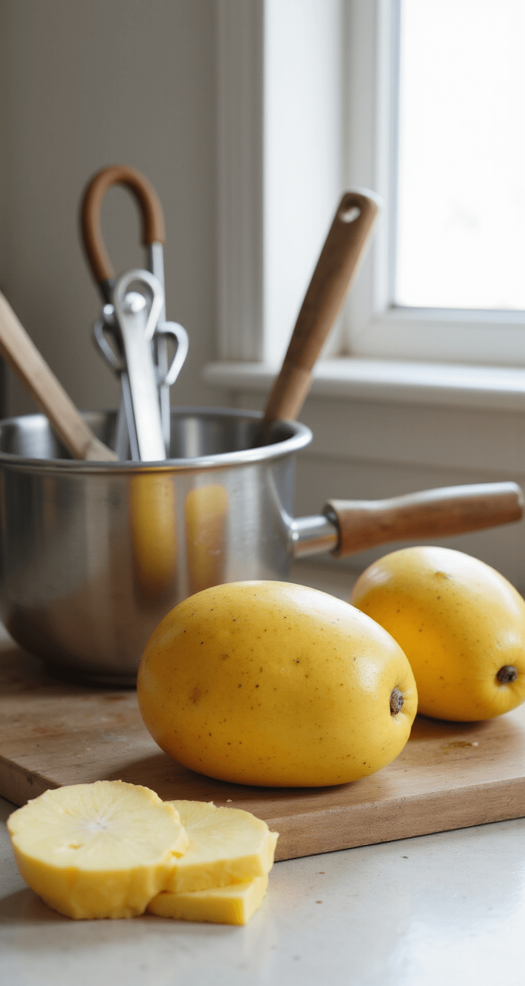 A sunlit kitchen counter showcases golden-yellow mangoes next to stainless steel mixing bowls, with natural light illuminating the fresh ingredients, a chef's knife, and neatly organized measuring tools in a minimalist setup.