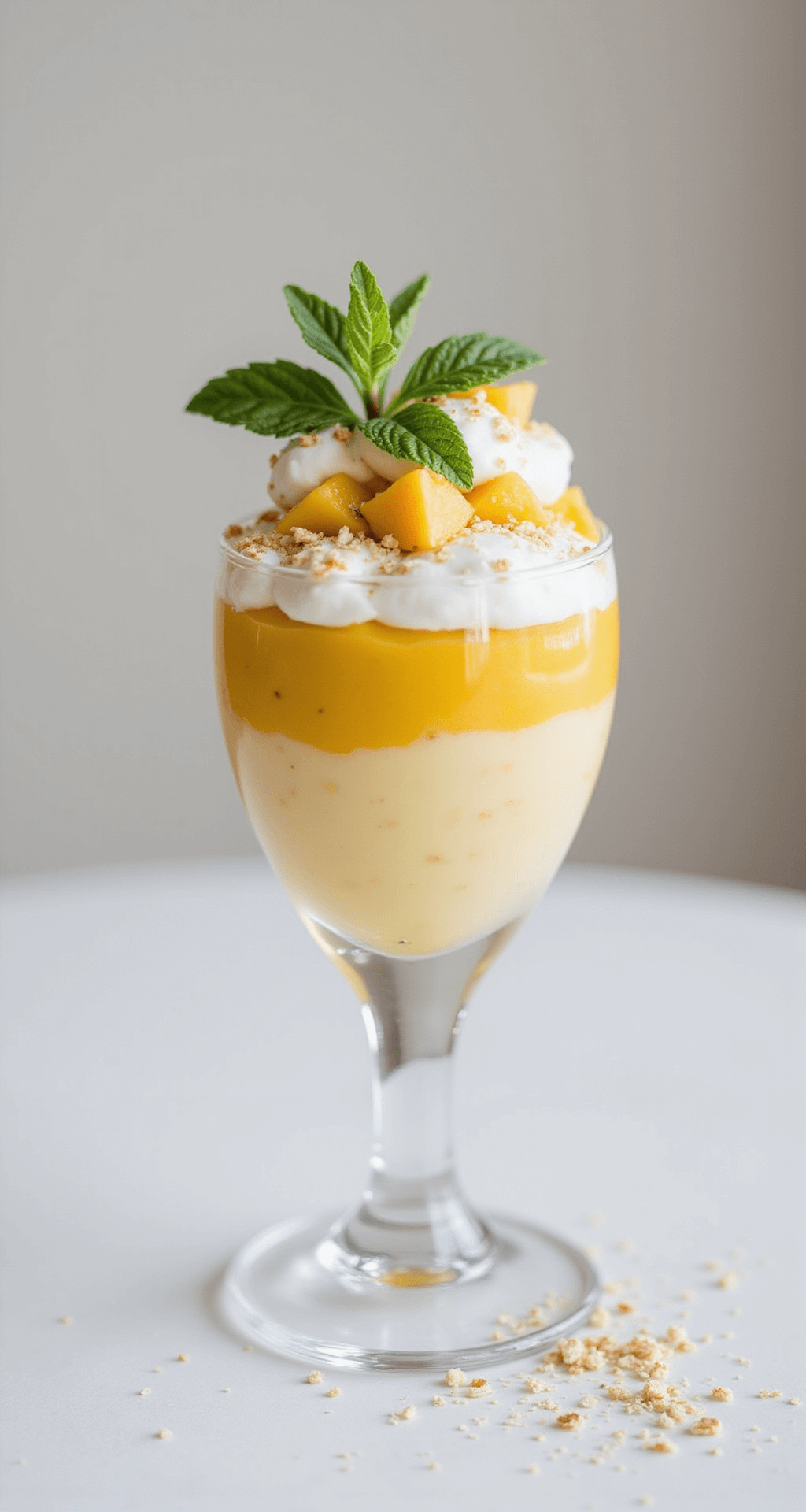 An elegant glass cup filled with a layered mango dessert, showcasing golden mango purée and white whipped cream, garnished with mint leaves and diced mango, with a sprinkle of toasted coconut.
