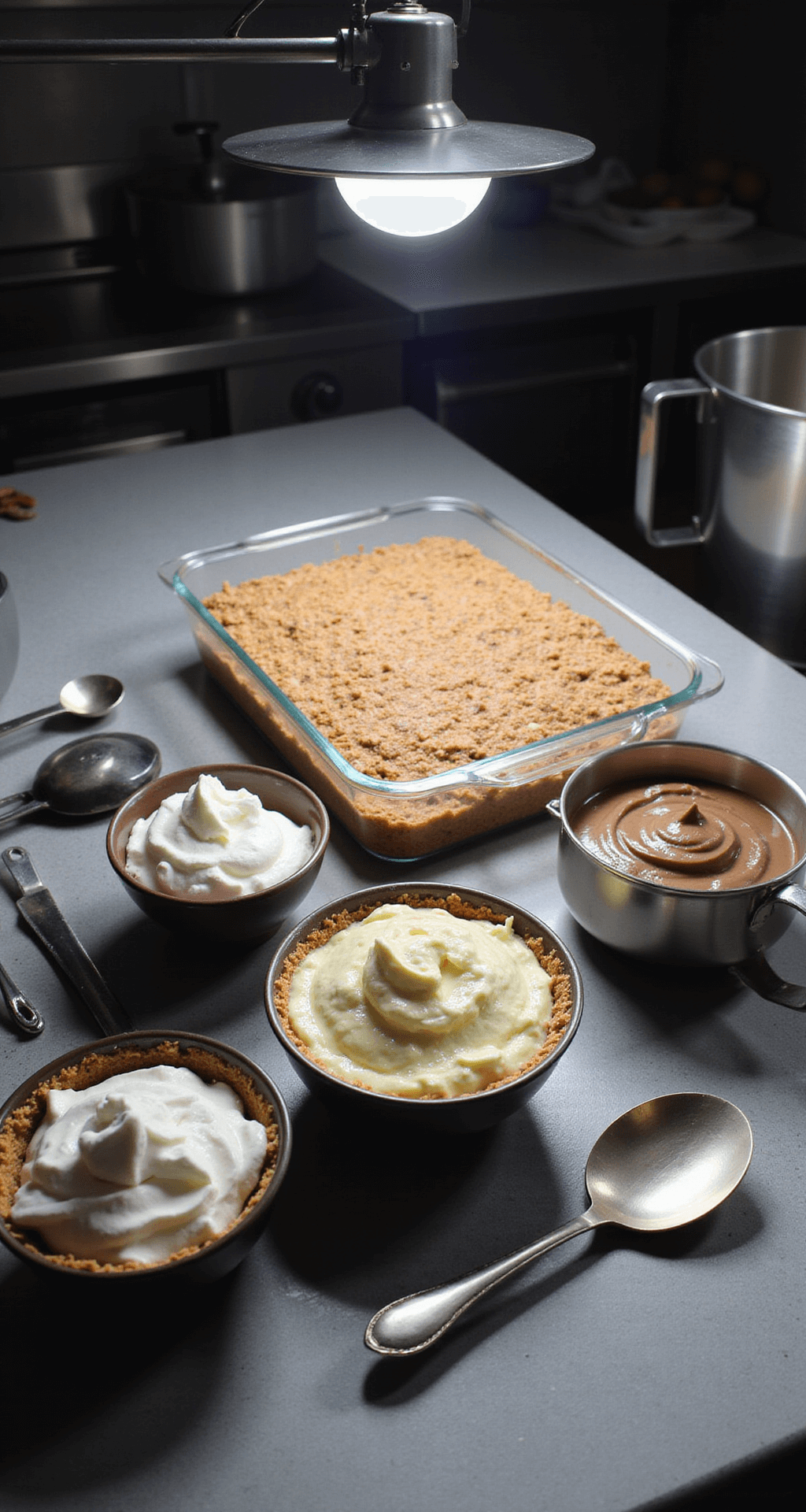 A professional kitchen setup showcasing a meticulously arranged dessert assembly process with bowls of creamy layers and baking tools.