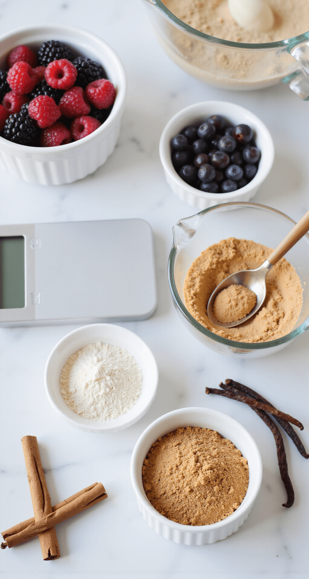Close-up of measuring cups and bowls with golden monk fruit sweetener, almond flour, and fresh berries on a marble countertop, illuminated by natural light. A digital scale shows measurements, with cinnamon sticks and vanilla pods adding decorative detail.
