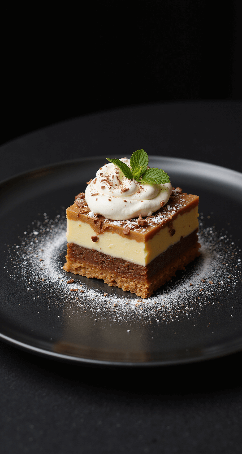 A square portion of multi-layered dessert on a black plate, with dramatic lighting highlighting chocolate shavings and a mint garnish.