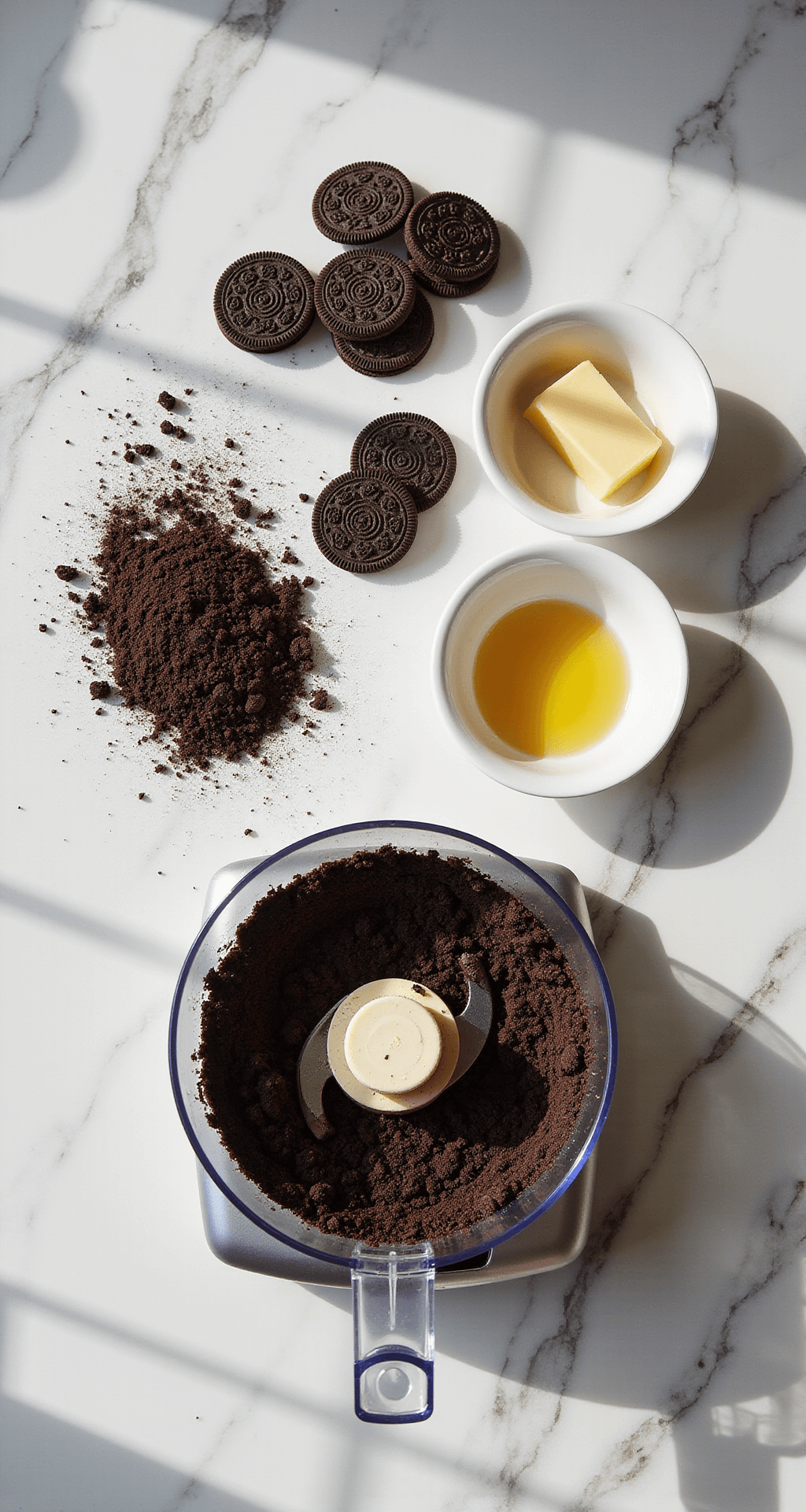 Marble countertop with crushed Oreos in a food processor, whole Oreos, and melted butter nearby, under natural light.