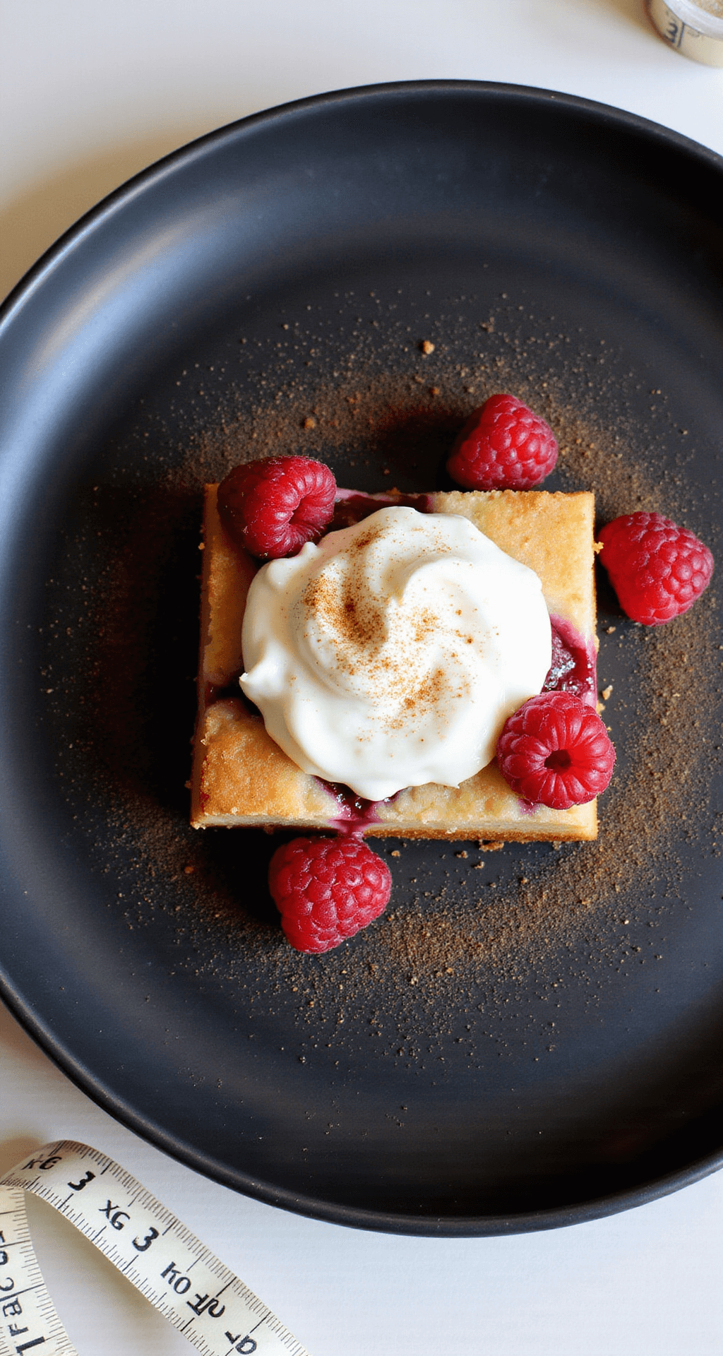 Overhead view of a diabetes-friendly almond-flour cake slice on a matte black plate, topped with raspberries and vanilla Greek yogurt, accented by cinnamon and a measuring tape for portion control.