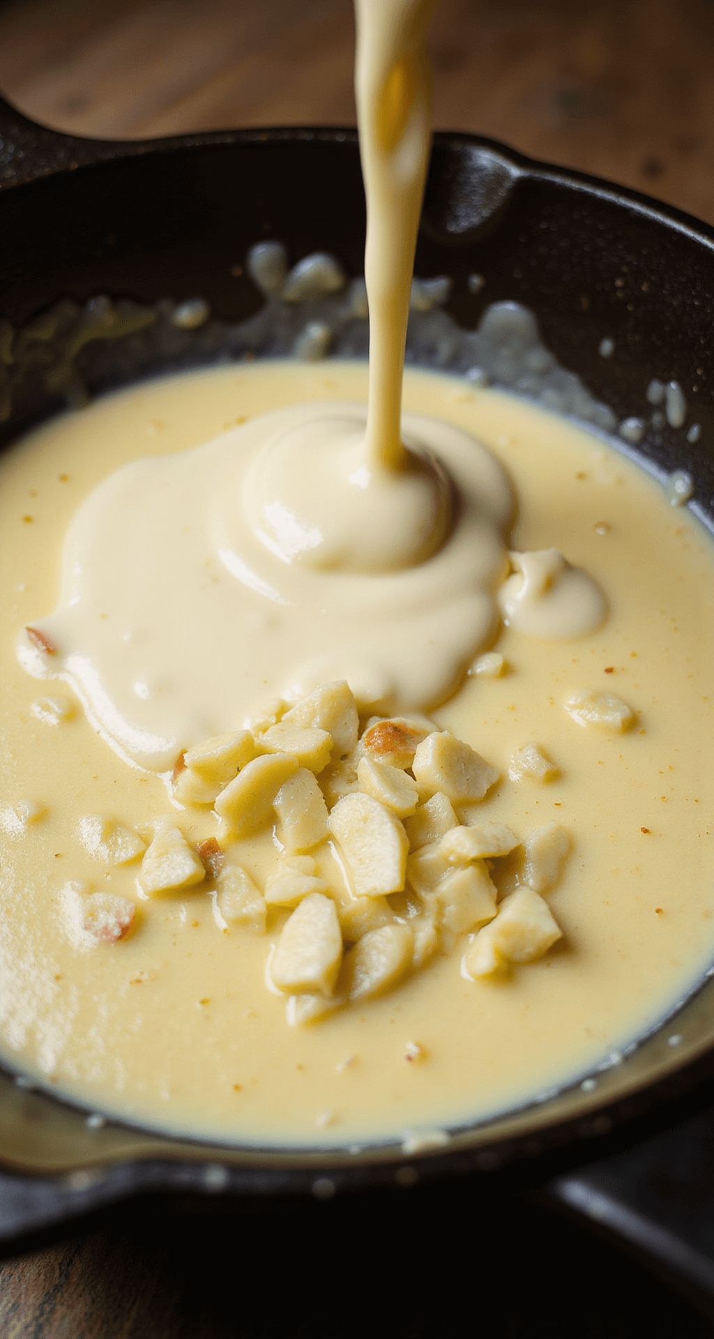 Golden butter melting in a cast iron skillet with sizzling minced garlic and rich heavy cream being poured in warm ambient lighting.