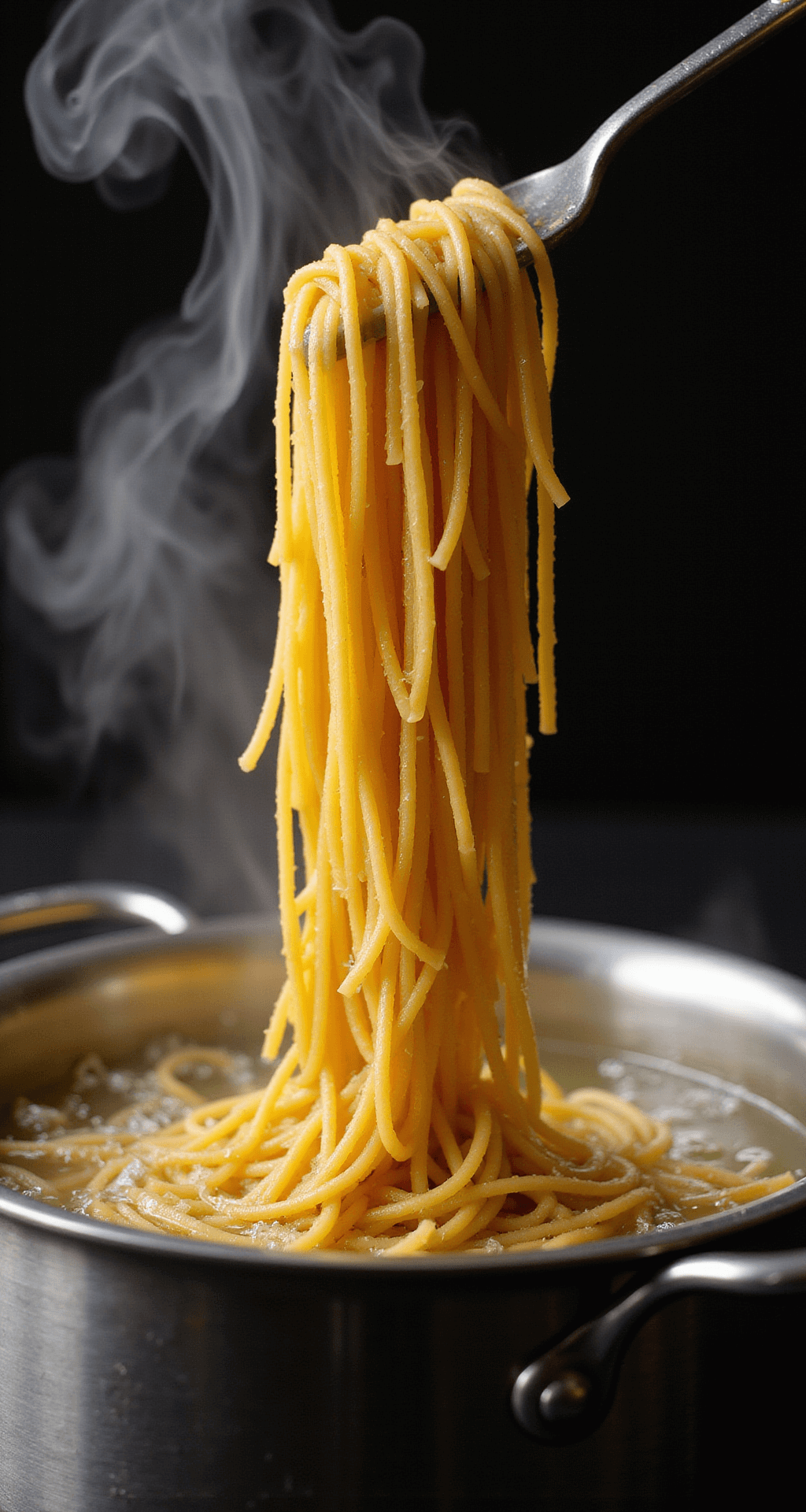 Close-up of al dente spaghetti being lifted from a boiling pot, with steam rising and water droplets glistening, set against a dark background and warm lighting.